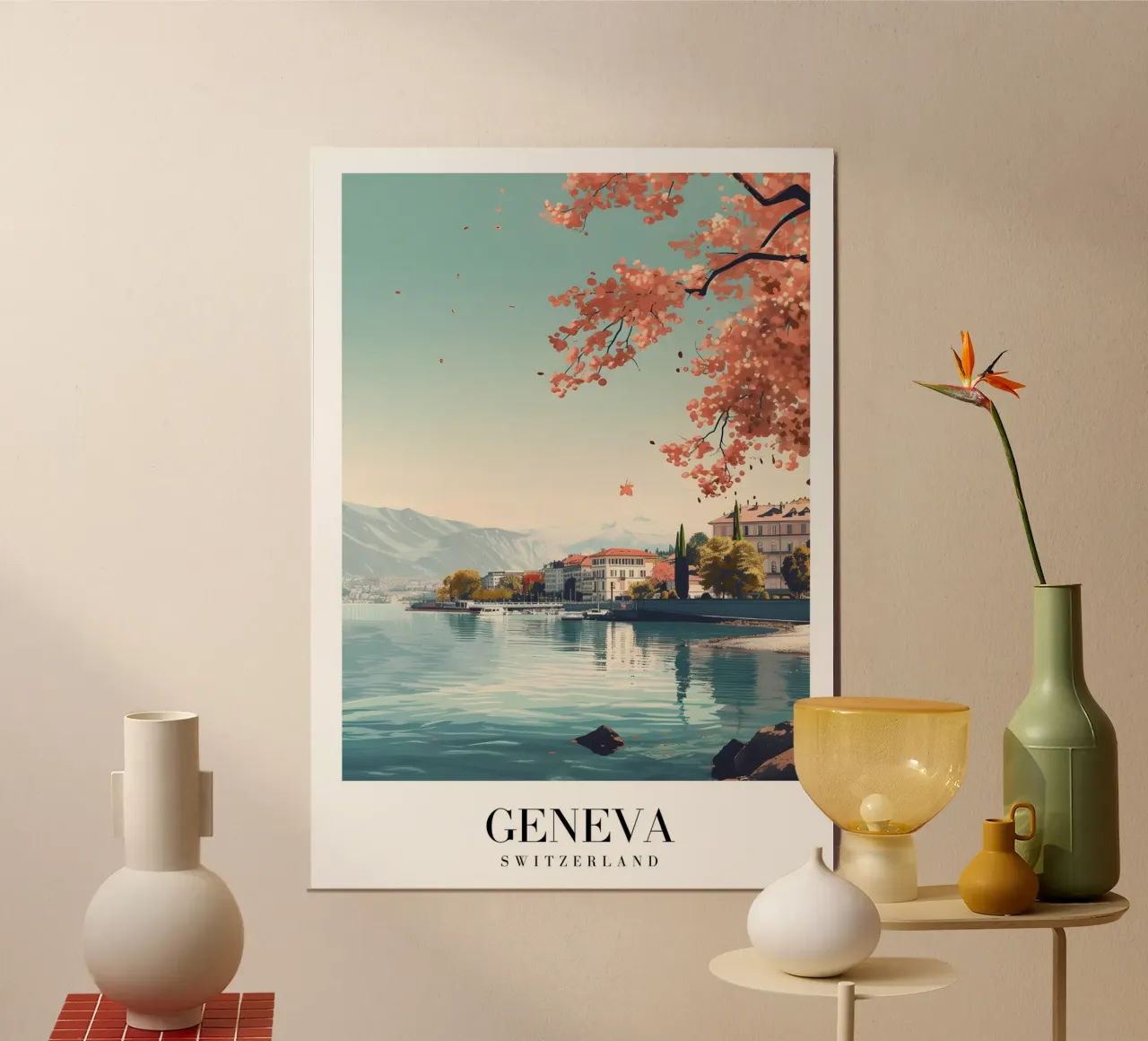 Lago di Ginevra e ciliegi in fiore - Città alpina poster con telaio in legno da homdeco