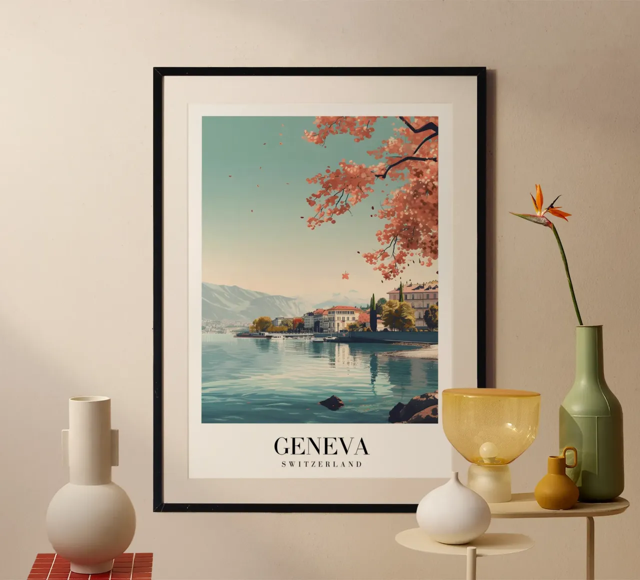 Lago di Ginevra e ciliegi in fiore - Città alpina poster con telaio in legno da homdeco
