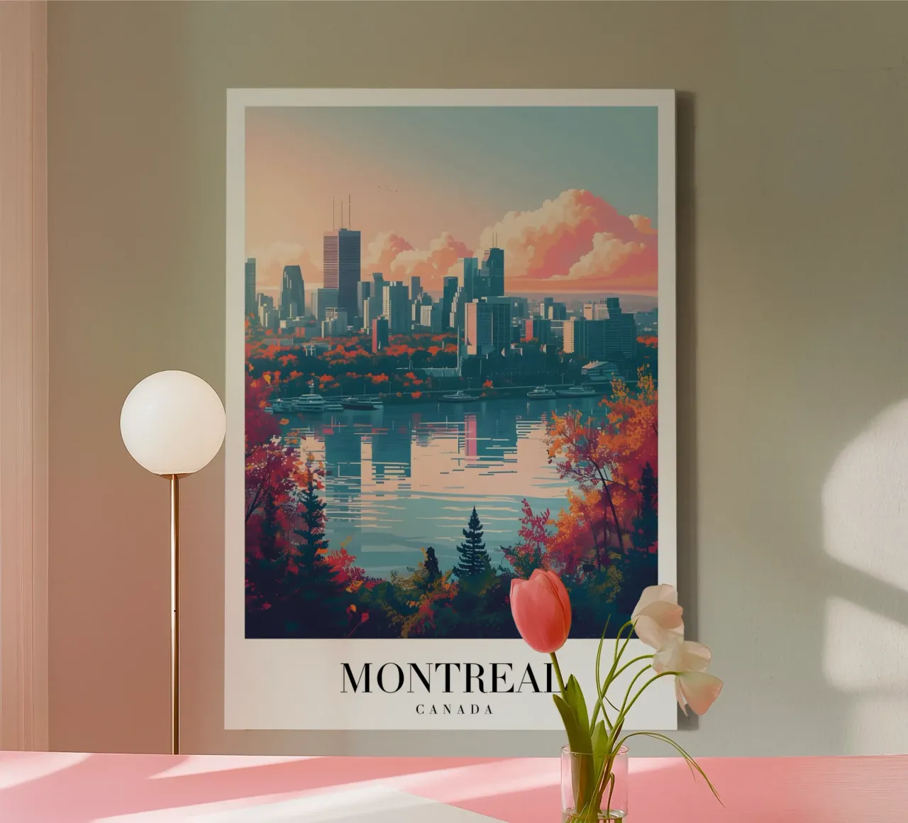 Montreal Canada Fall Cityscape - River & Skyline Art Print canvas with Floater frame by homdeco