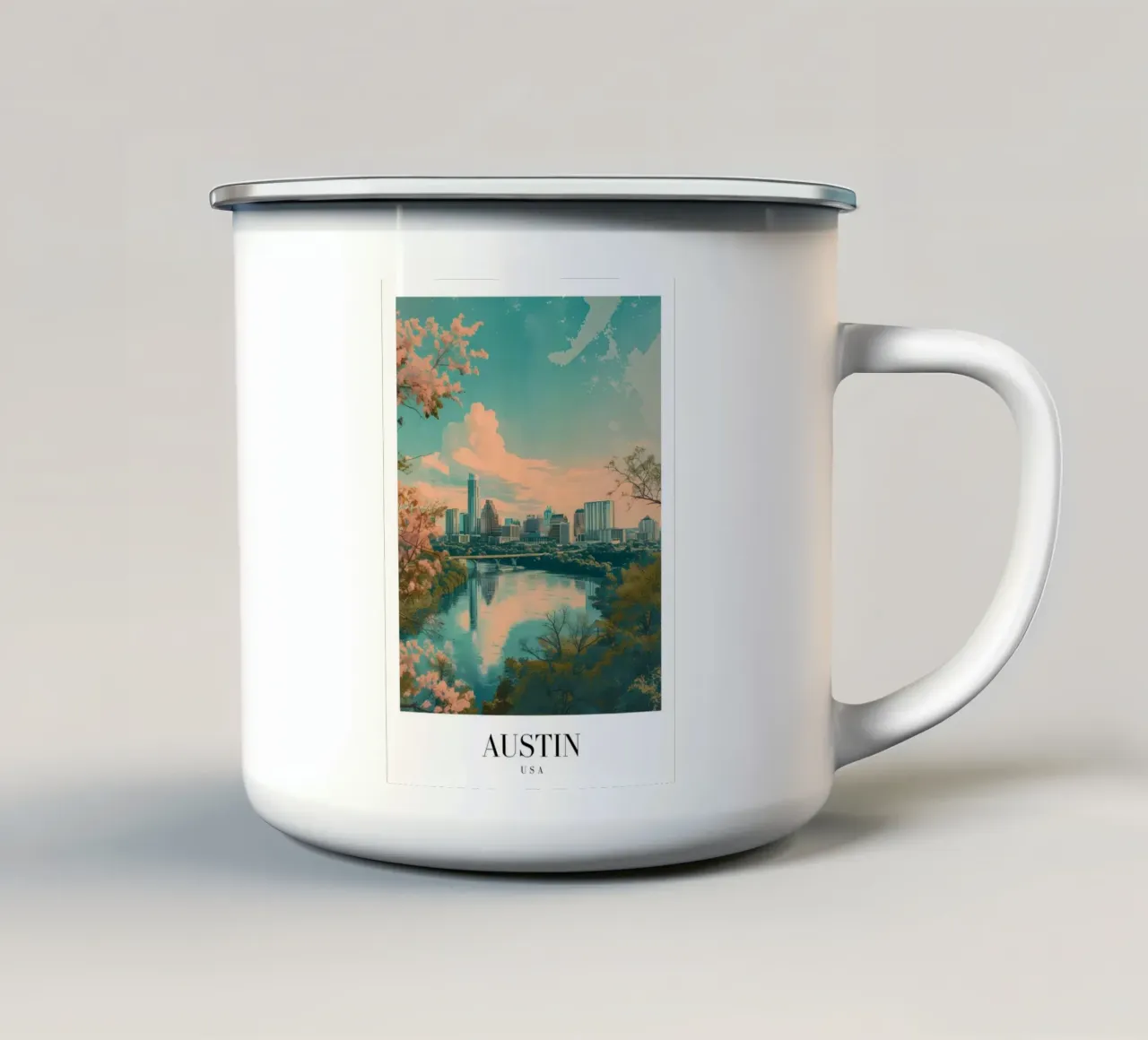 Paesaggio urbano di Austin Texas - Lago Lady Bird e arte dei fiori tazza in smalto da homdeco
