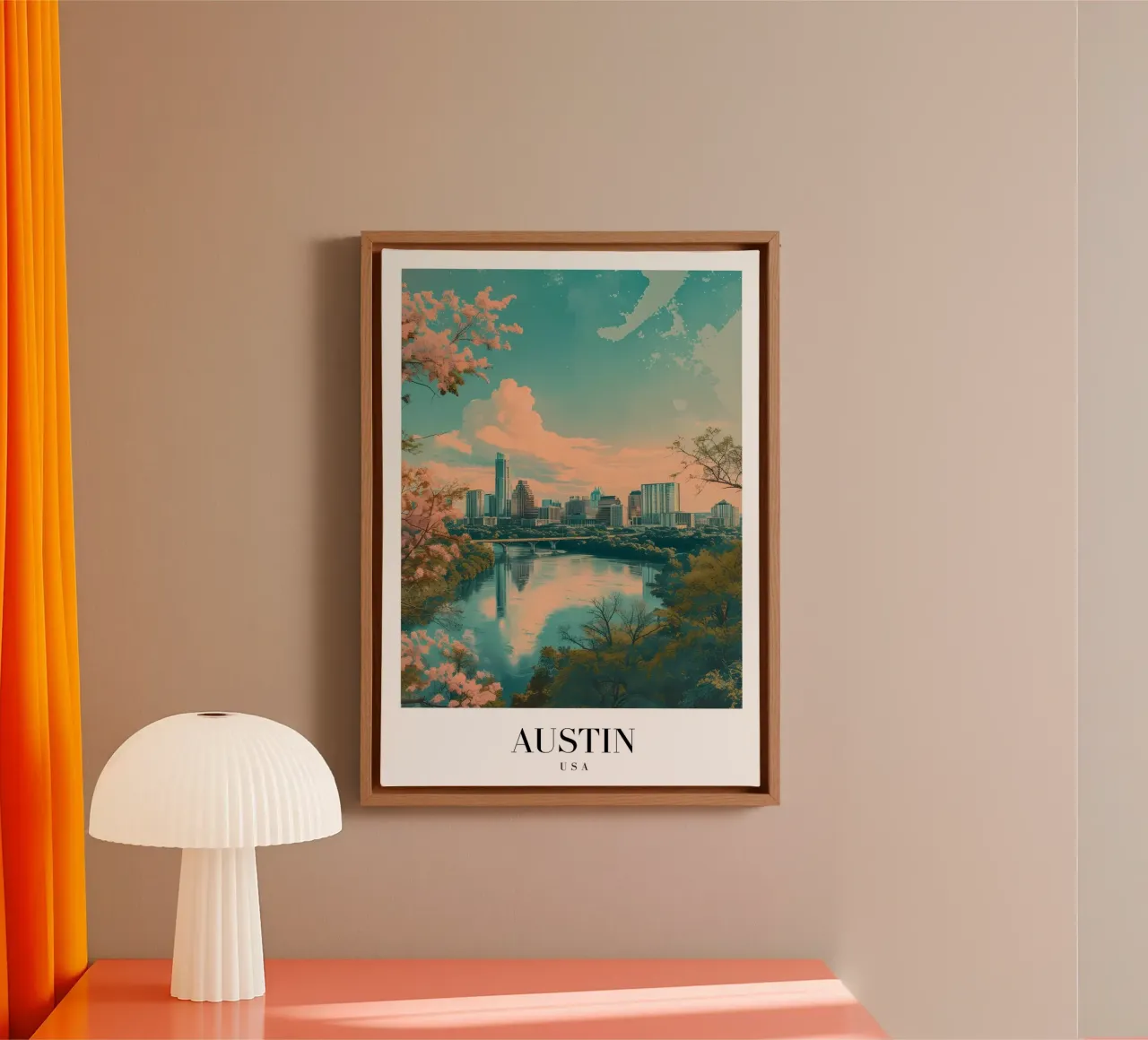 Austin Texas Stadsgezicht - Lady Bird Lake & Bloesem Kunst canvas met Baklijst van homdeco
