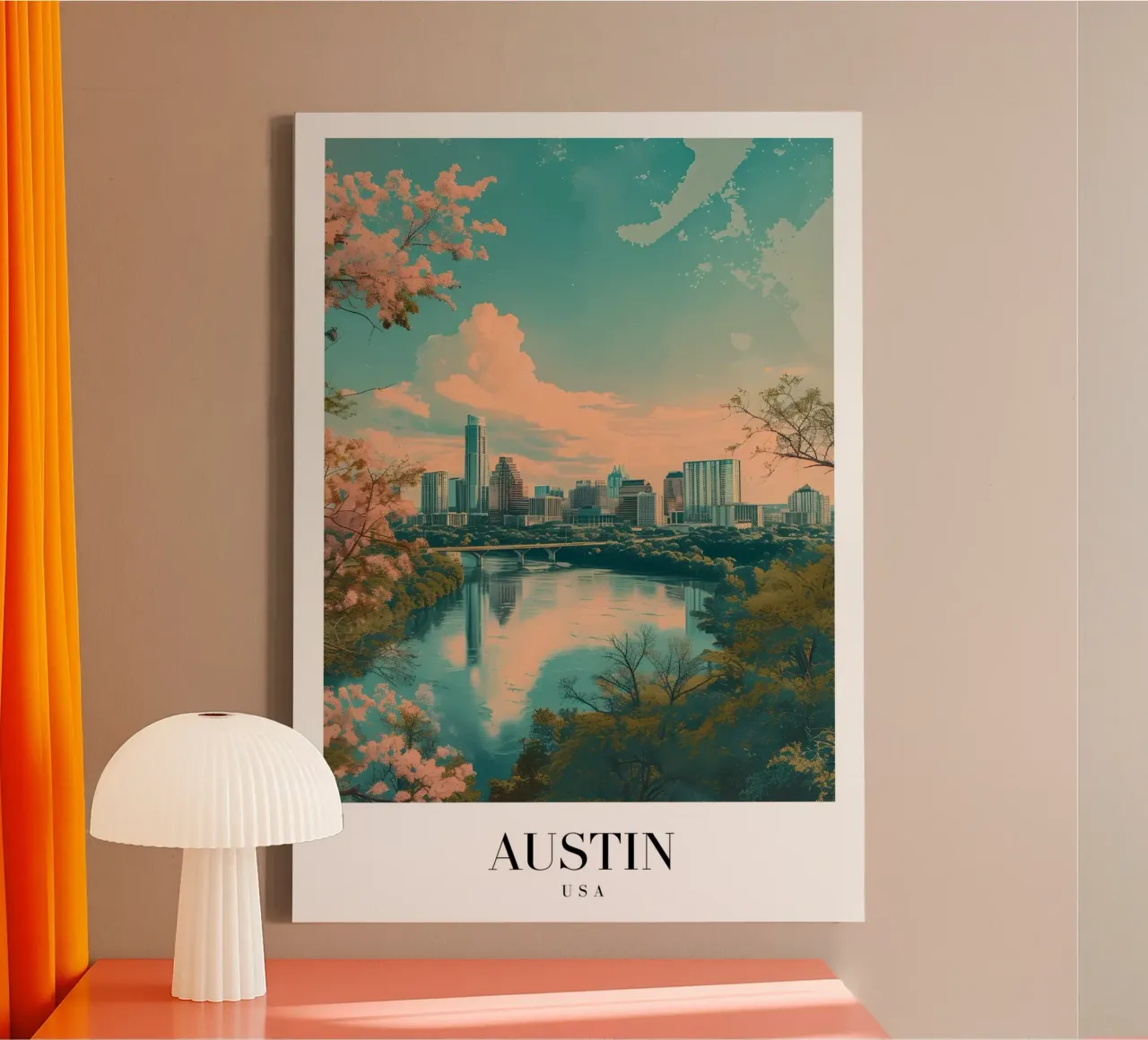 Austin Texas Stadsgezicht - Lady Bird Lake & Bloesem Kunst canvas met Baklijst van homdeco