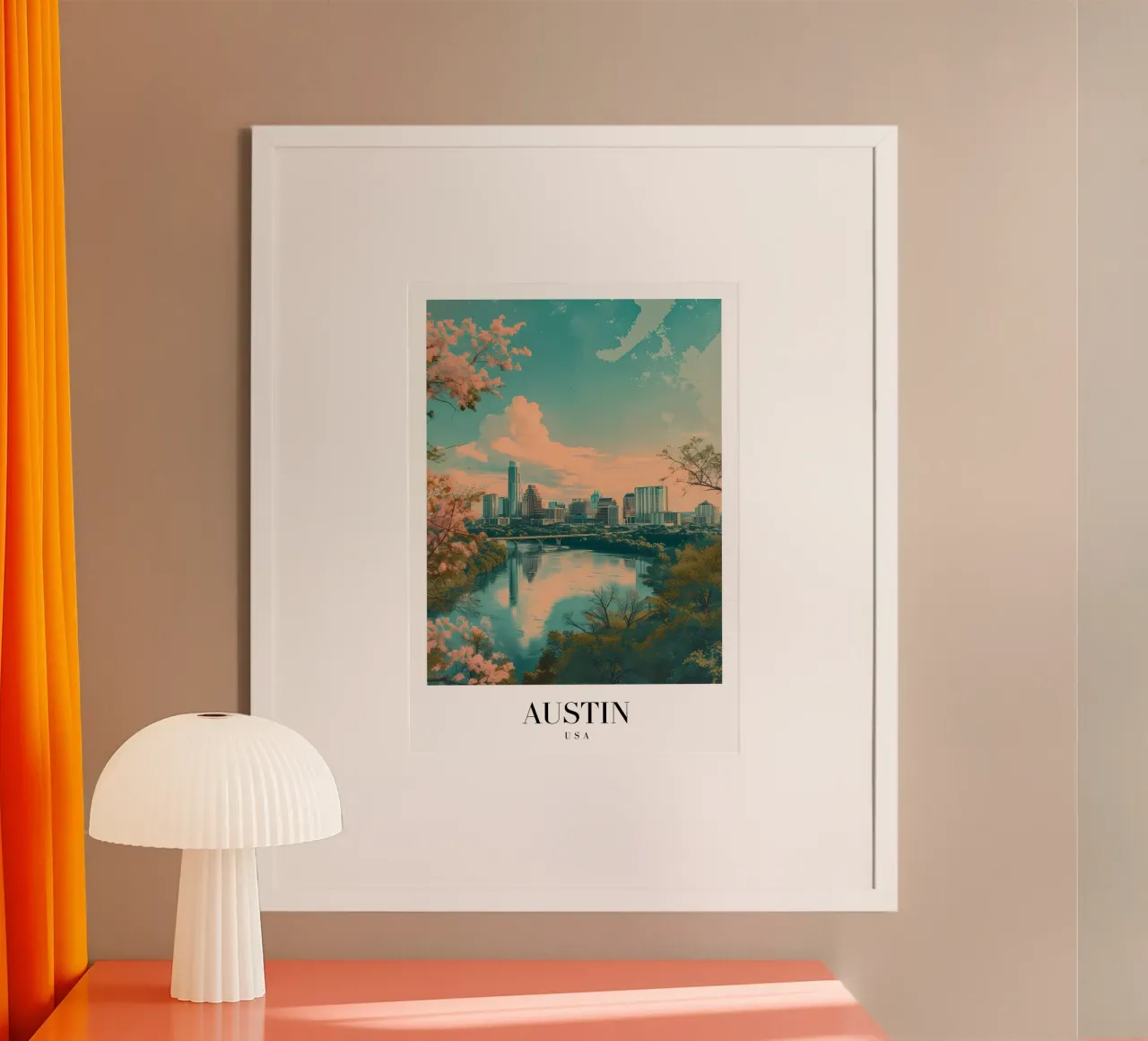Paesaggio urbano di Austin Texas - Lago Lady Bird e arte dei fiori poster con telaio in plastica da homdeco