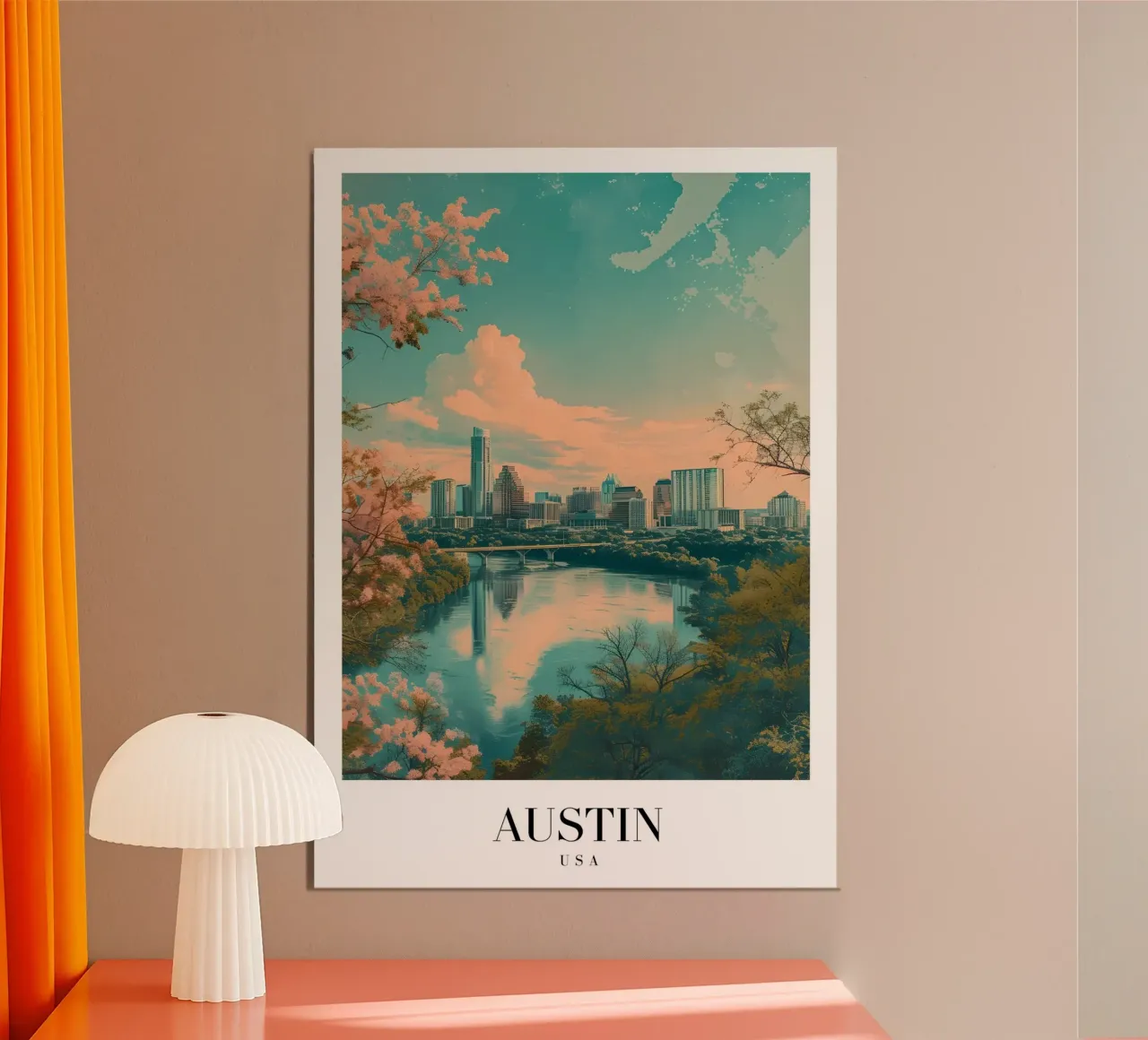 Paesaggio urbano di Austin Texas - Lago Lady Bird e arte dei fiori poster con telaio in plastica da homdeco