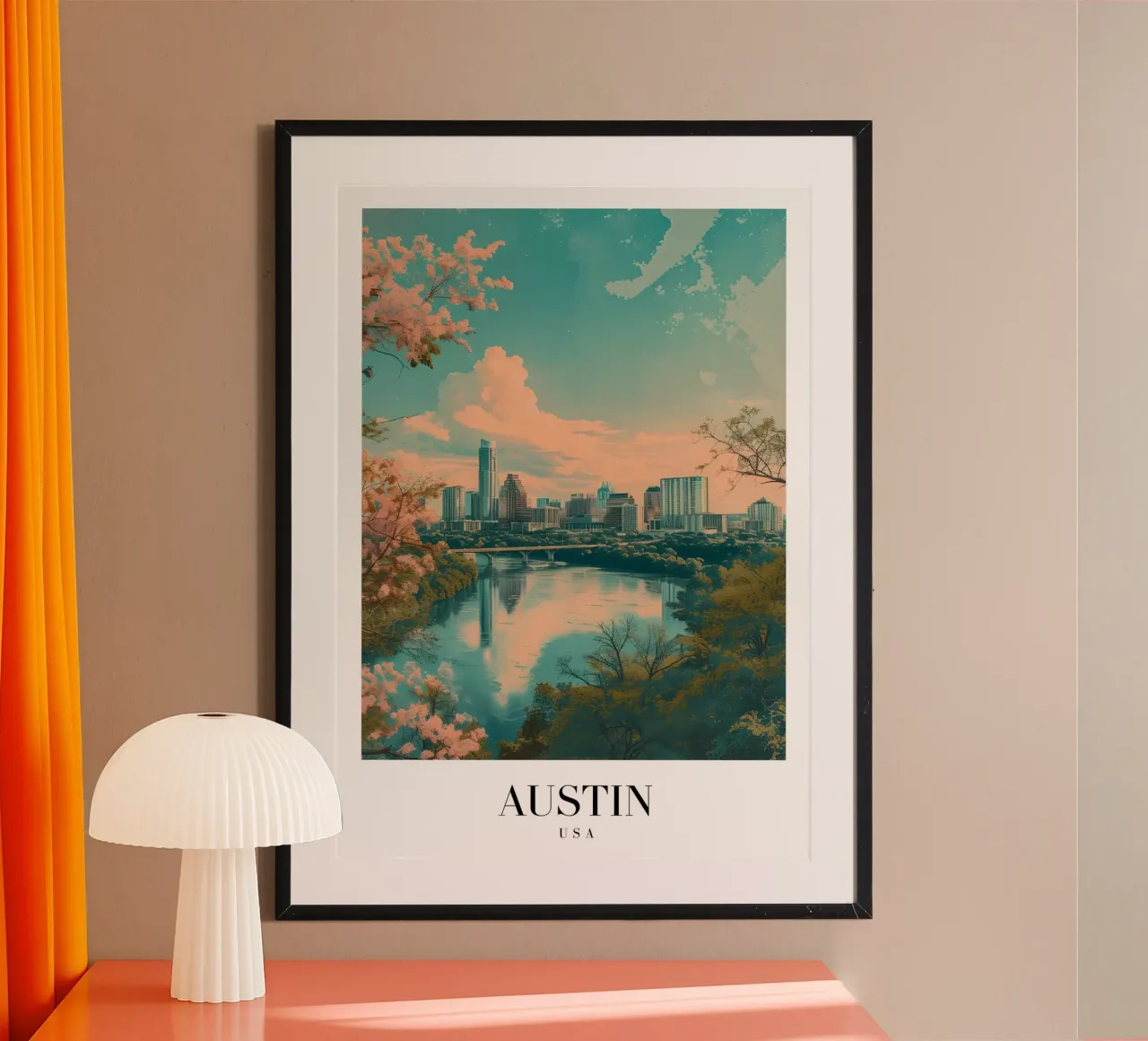 Paesaggio urbano di Austin Texas - Lago Lady Bird e arte dei fiori poster con telaio in plastica da homdeco