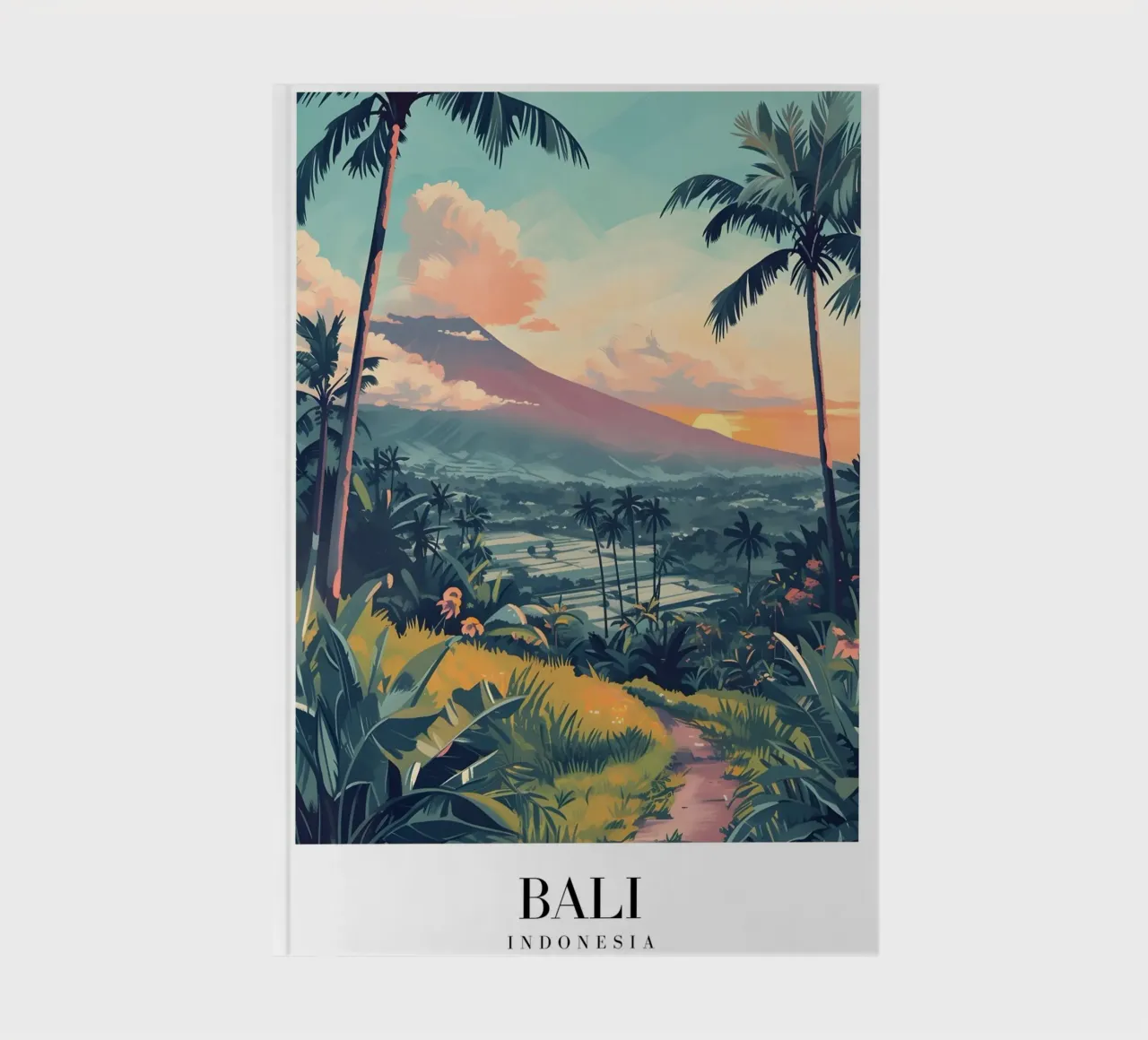 Bali Indonesia Volcano & Rice Fields - Tropical Sunset Art notebook by homdeco