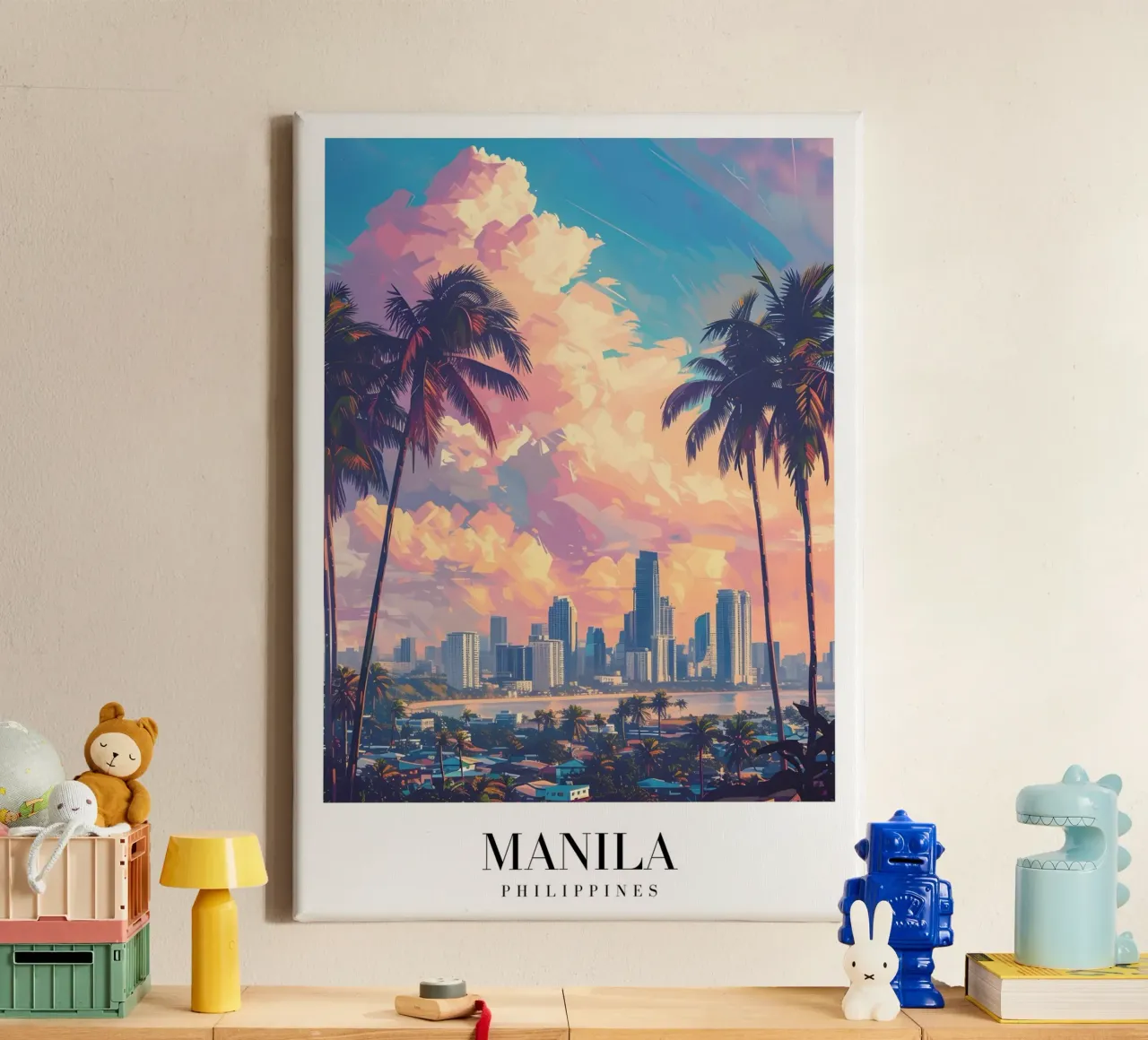 Manilla Filippijnen zonsondergang Skyline - Tropisch stadsgezicht kunst canvas met Baklijst van homdeco