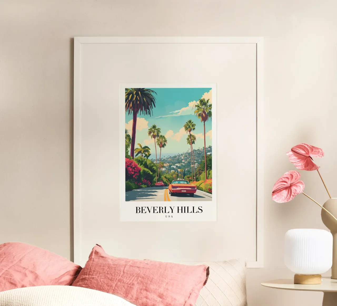 Beverly Hills California Drive - Palme e auto d'epoca poster con telaio in plastica da homdeco