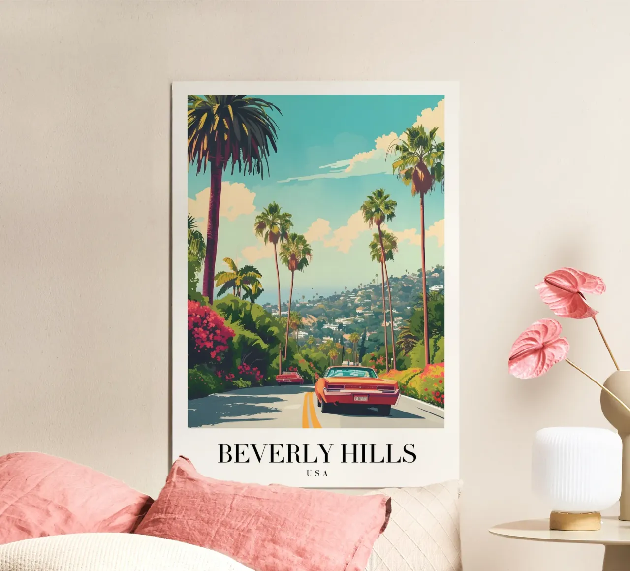 Beverly Hills California Drive - Palme e auto d'epoca poster con telaio in plastica da homdeco