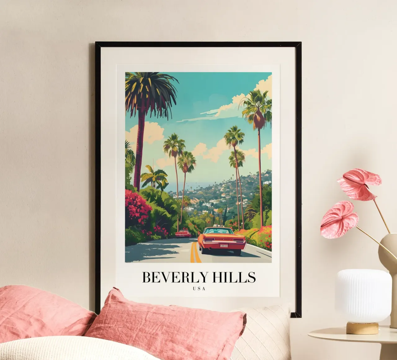 Beverly Hills California Drive - Palme e auto d'epoca poster con telaio in plastica da homdeco