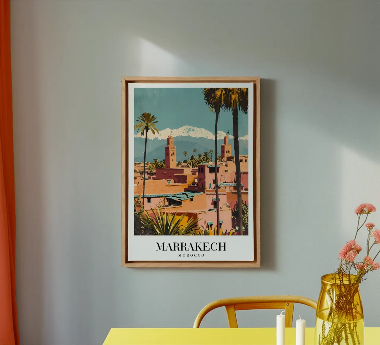 Marrakech Marocco Città Rosa - Montagne dell'Atlante e Minareti tela con Cornice a cassetta da homdeco