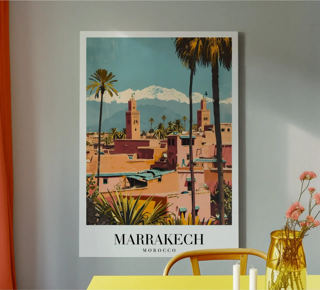 Marrakech Marocco Città Rosa - Montagne dell'Atlante e Minareti tela con Cornice a cassetta da homdeco