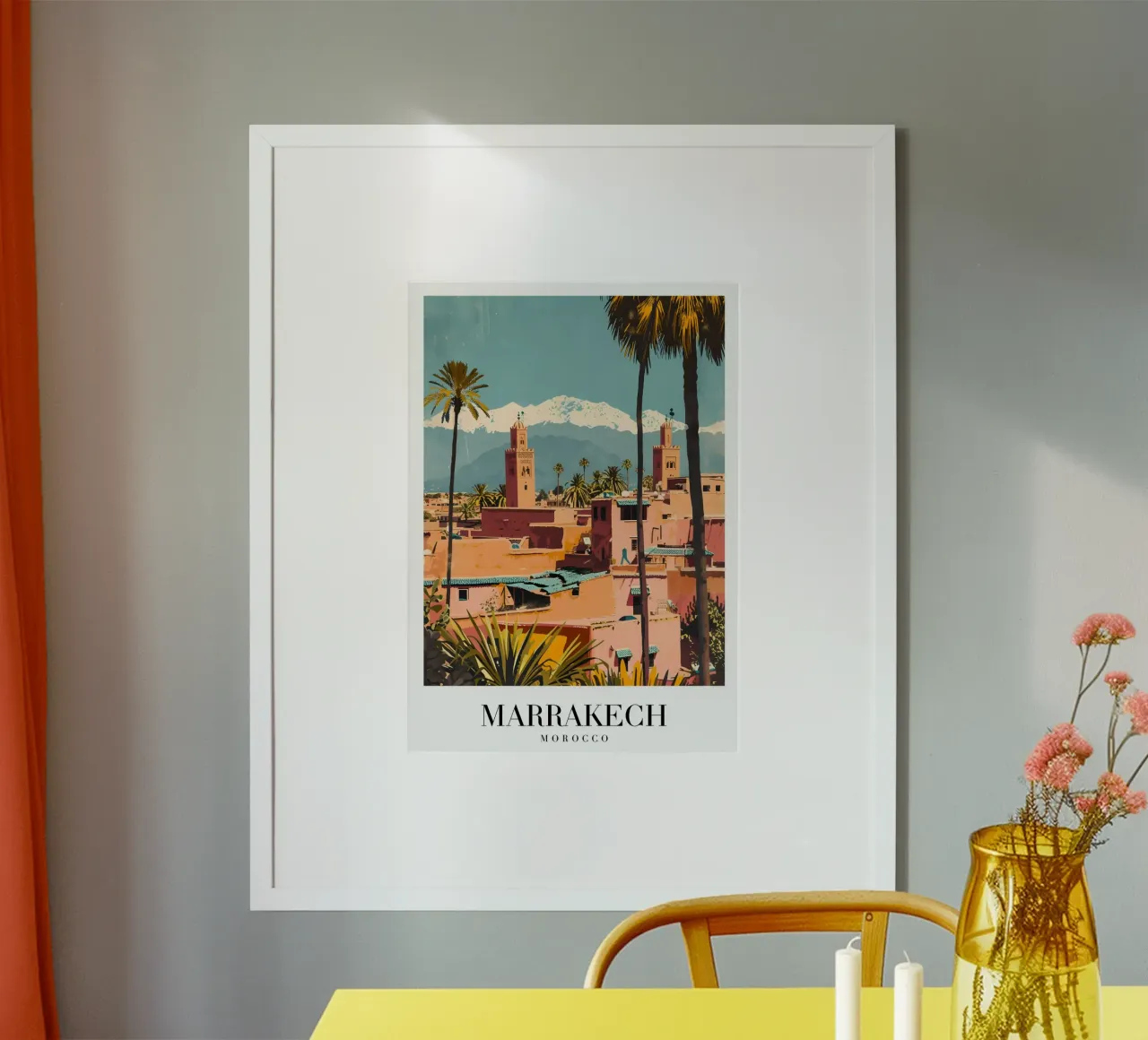 Marrakech Marocco Città Rosa - Montagne dell'Atlante e Minareti poster da homdeco