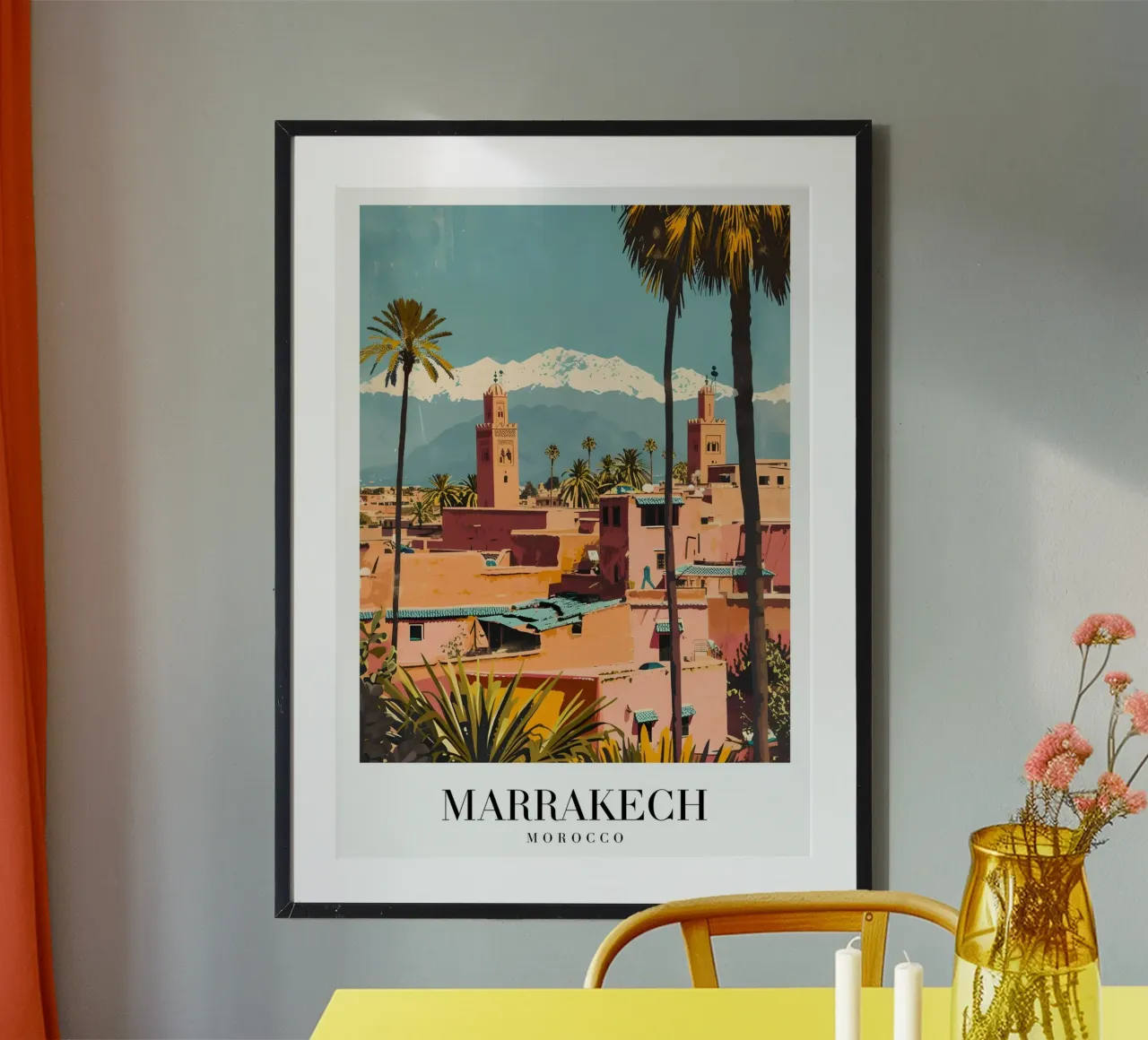 Marrakech Marocco Città Rosa - Montagne dell'Atlante e Minareti poster da homdeco