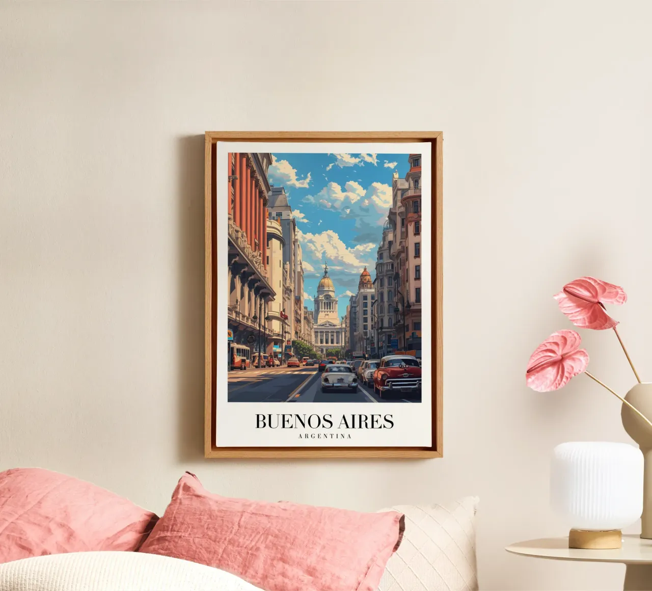 Buenos Aires Obelisco & stadsgezicht - Klassieke auto's kunst canvas met Baklijst van homdeco