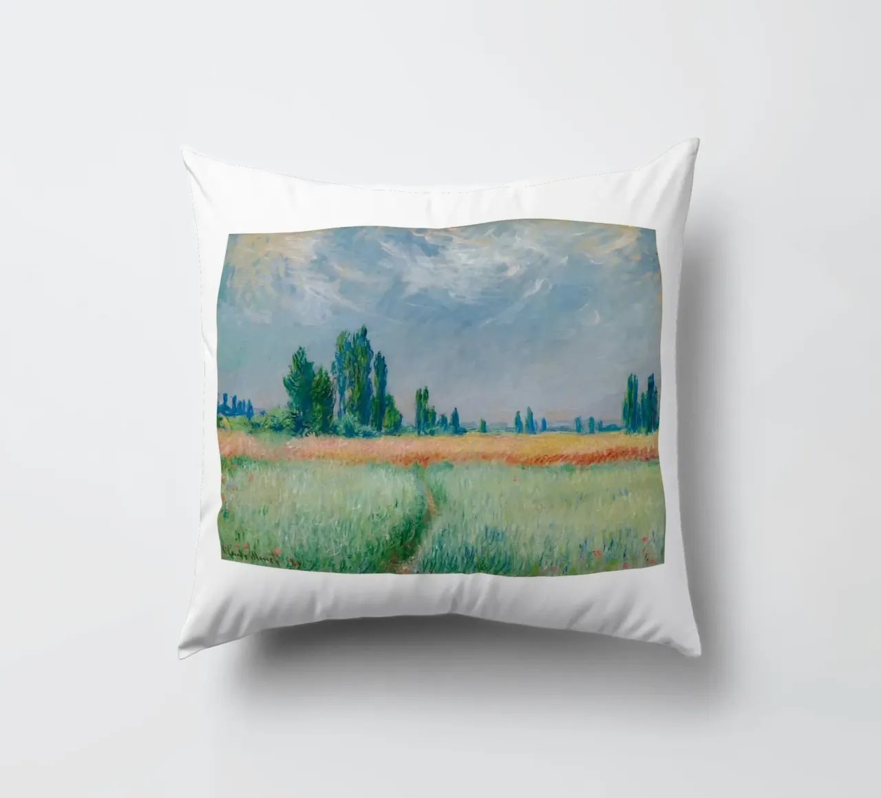 Monet's Wheat Field, 1881 - Serene Impressionist Landscape decorative cushion by homdeco