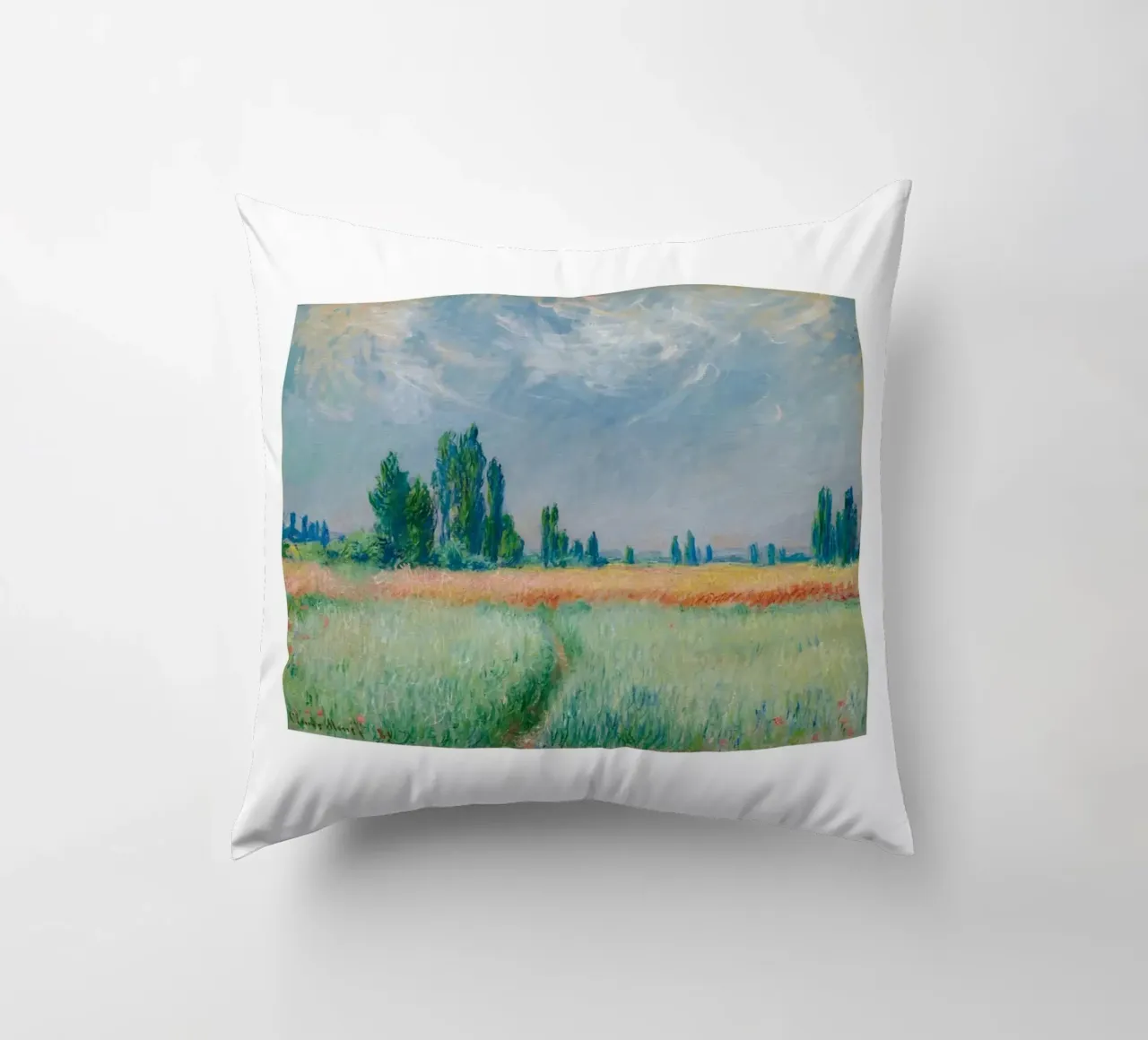 Monet's Wheat Field, 1881 - Serene Impressionist Landscape decorative cushion by homdeco