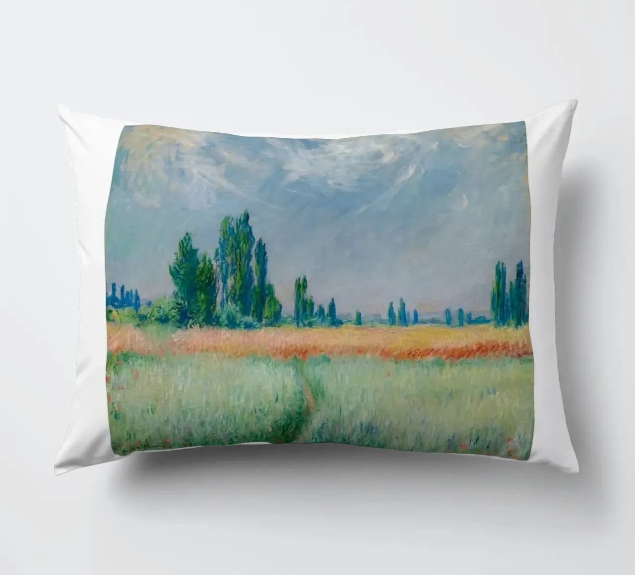 Monet's Wheat Field, 1881 - Serene Impressionist Landscape decorative cushion by homdeco