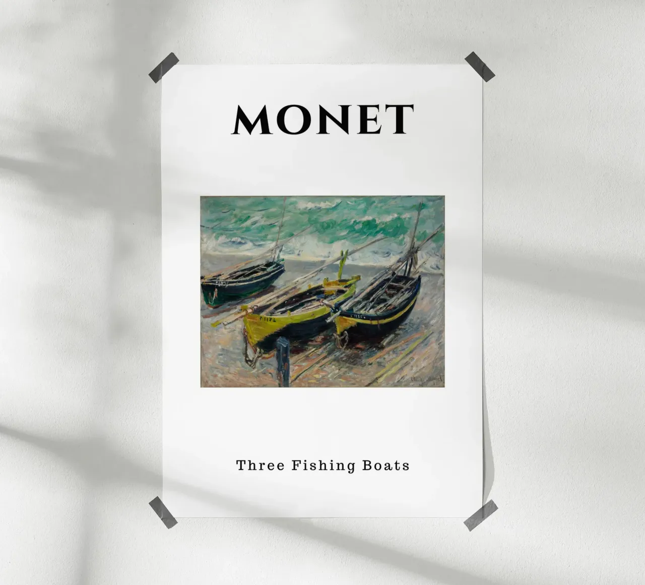 Die drei Fischerboote von Monet - Dynamische impressionistische Meereslandschaft Poster mit Kunststoffrahmen von homdeco