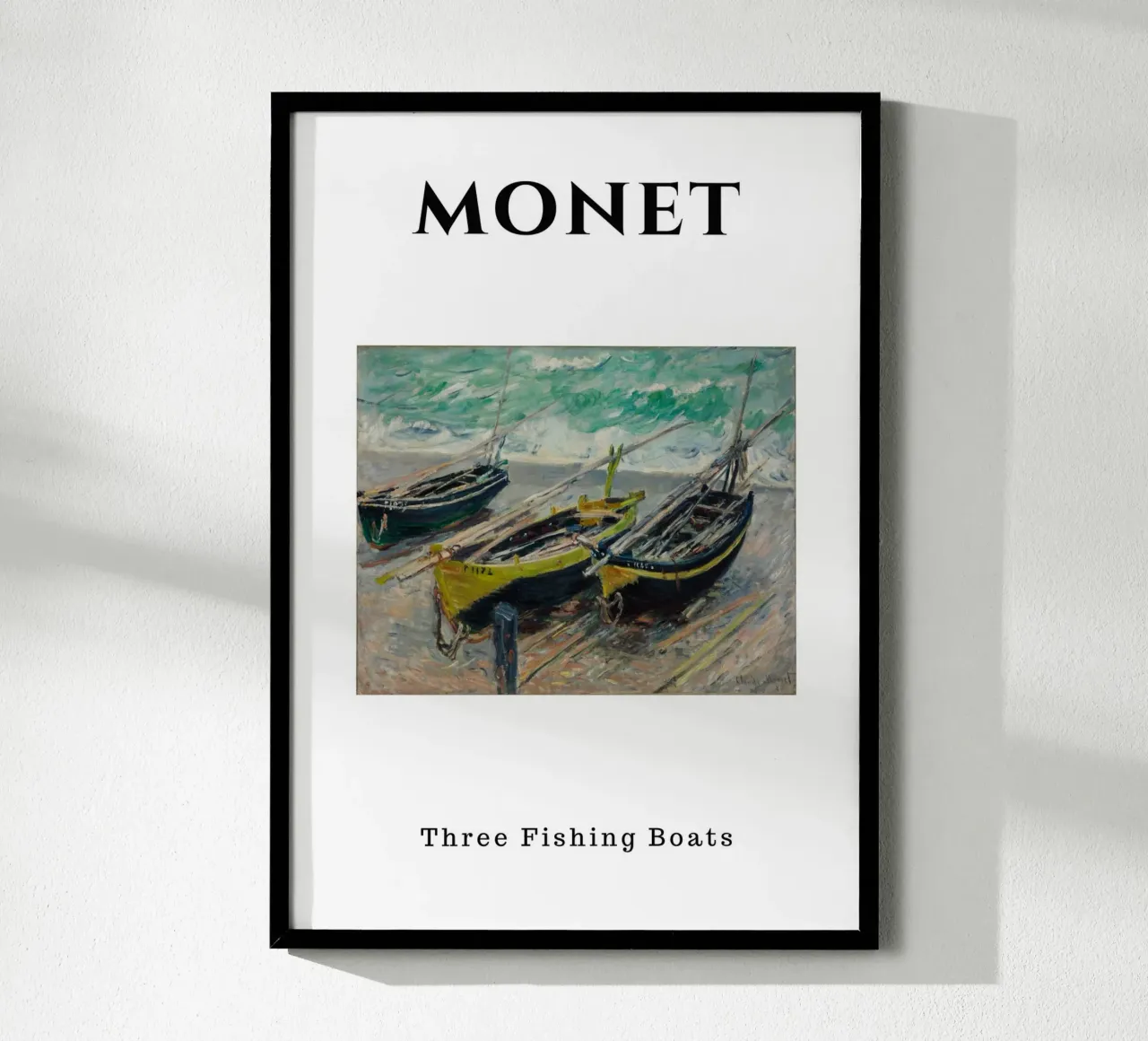 Die drei Fischerboote von Monet - Dynamische impressionistische Meereslandschaft Poster mit Kunststoffrahmen von homdeco