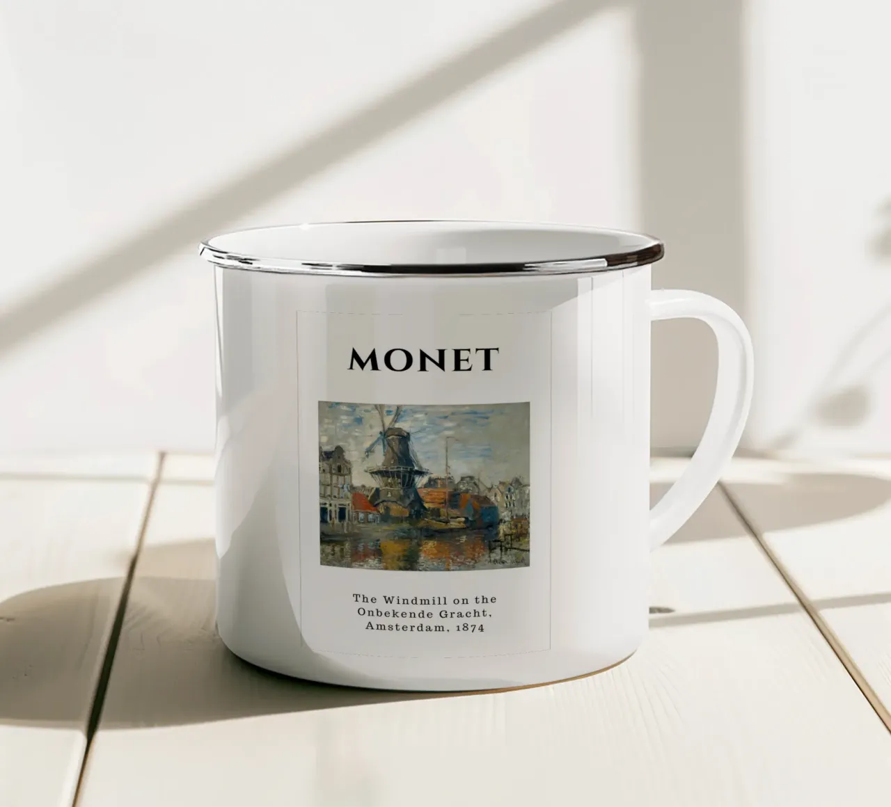 Il mulino a vento di Amsterdam di Monet, 1874 - Paesaggio urbano impressionista tazza in smalto da homdeco