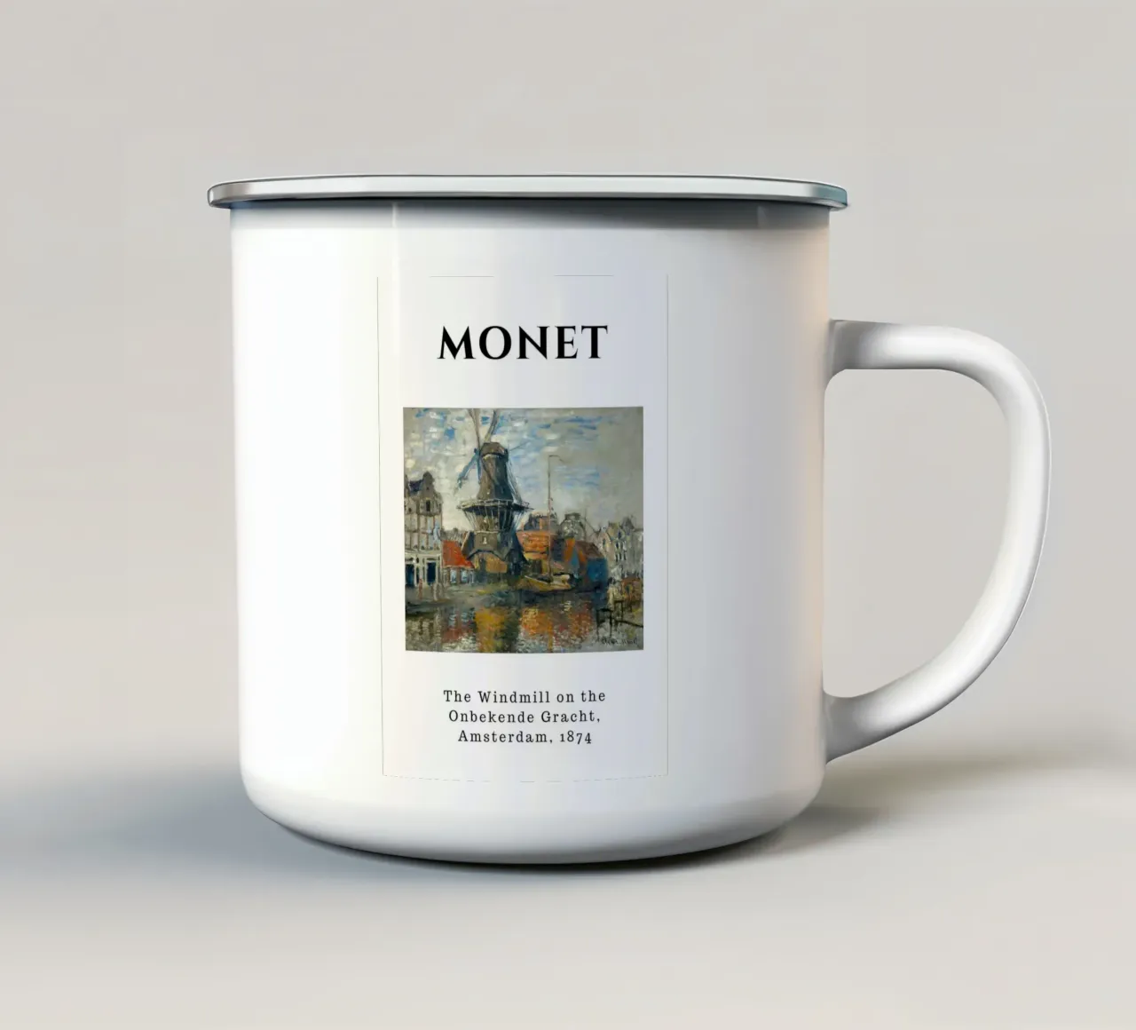 Il mulino a vento di Amsterdam di Monet, 1874 - Paesaggio urbano impressionista tazza in smalto da homdeco