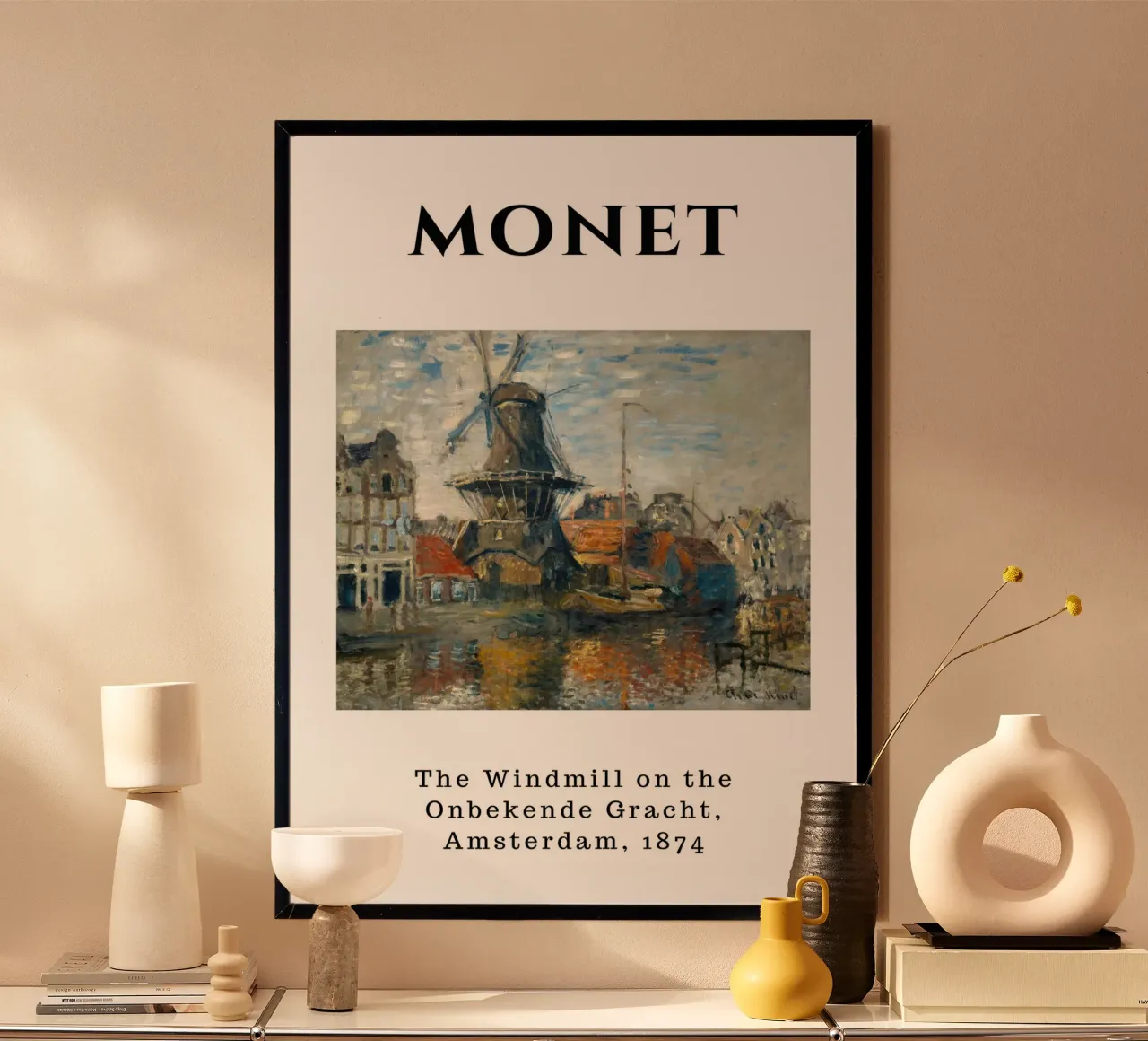 Il mulino a vento di Amsterdam di Monet, 1874 - Paesaggio urbano impressionista poster con telaio in alluminio da homdeco