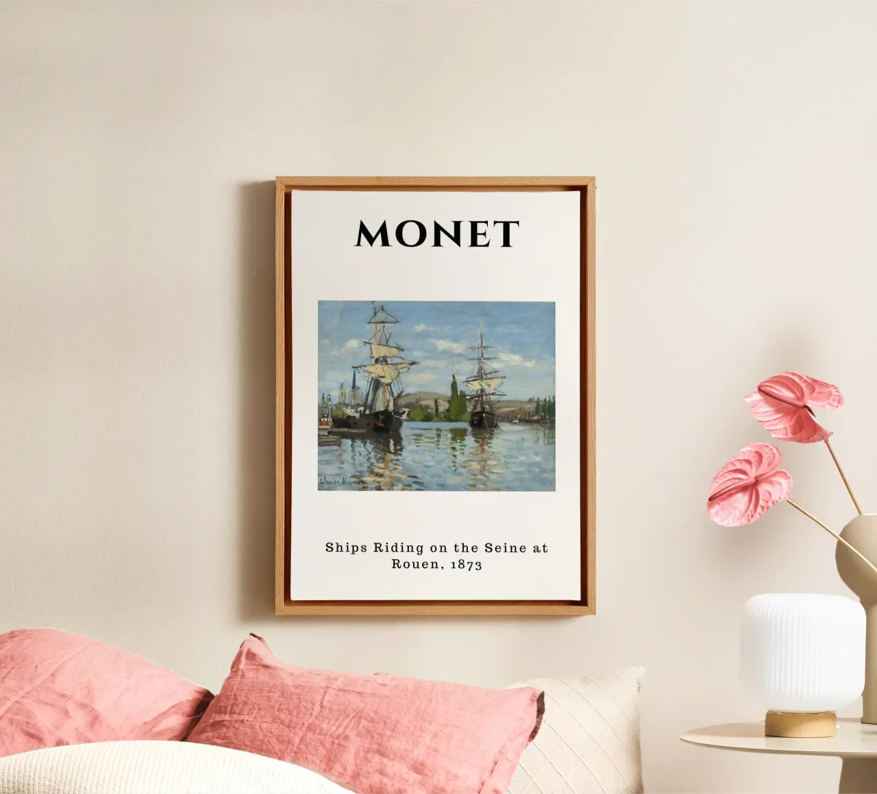 Monet's Ships on Seine at Rouen, 1873 - Impressionist Seasca canvas with Floater frame by homdeco