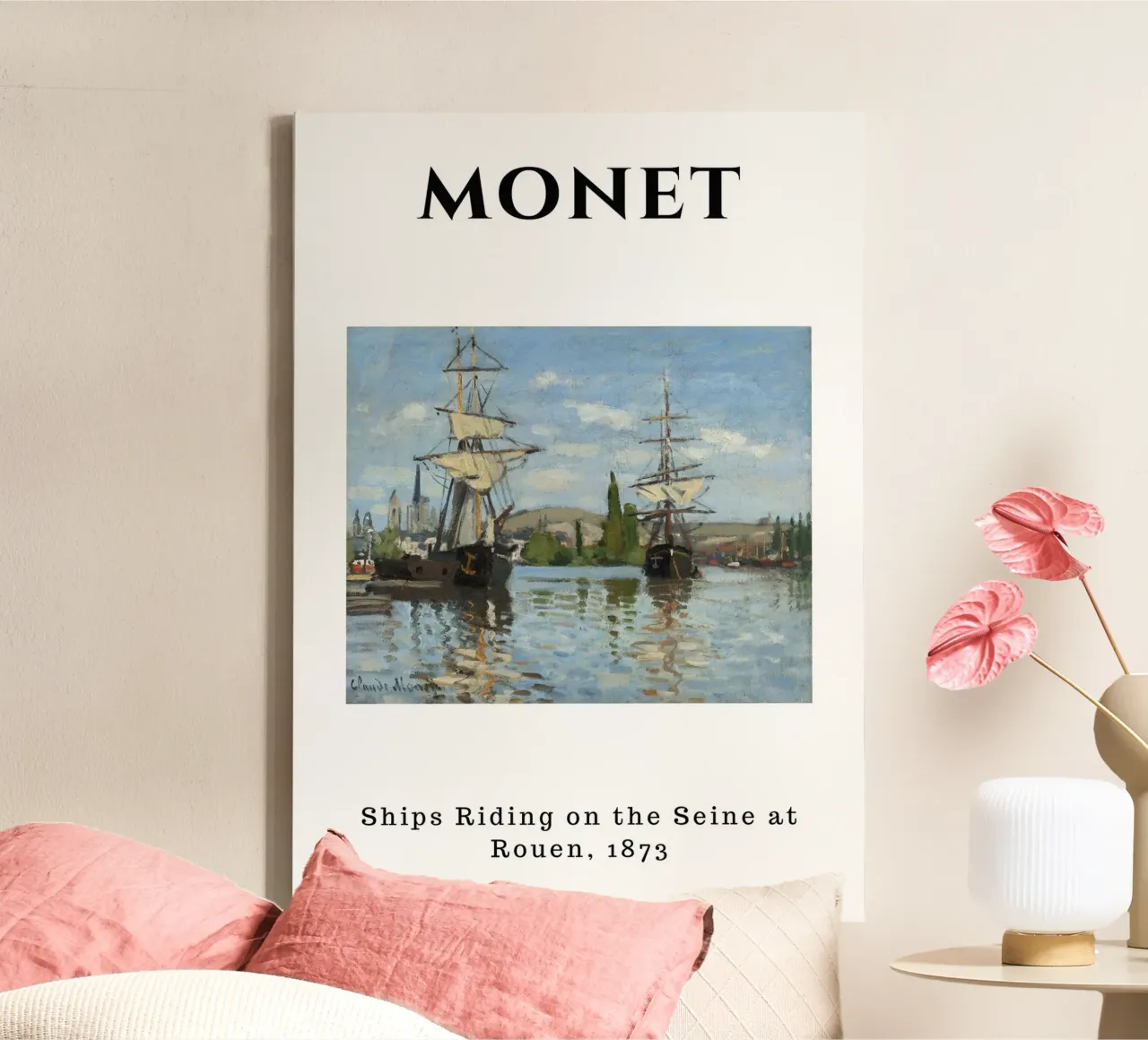Monet's Ships on Seine at Rouen, 1873 - Impressionist Seasca canvas with Floater frame by homdeco