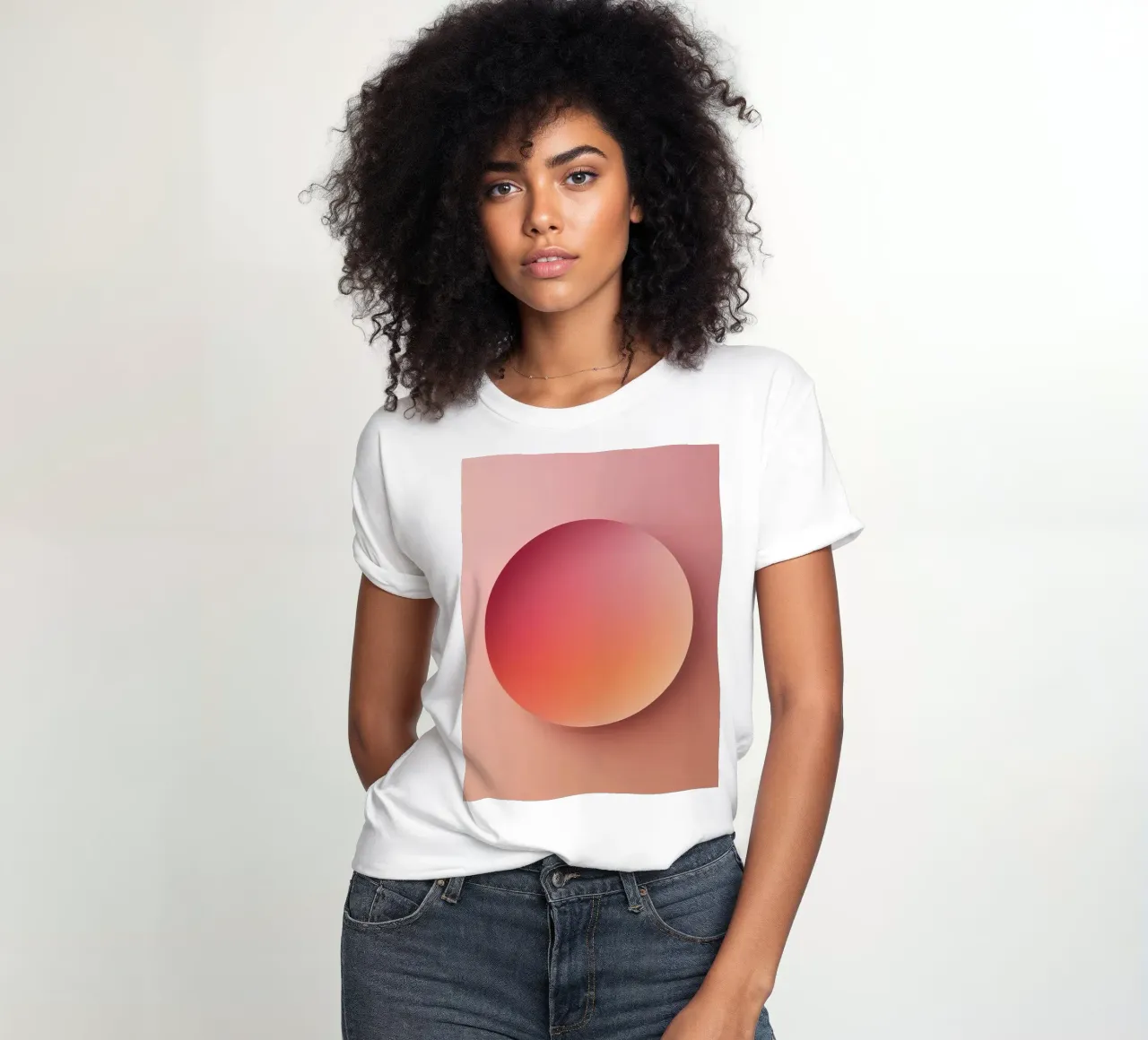 Sunset Sphere, Focus, Abstract 3D Sphere, Orange, Pink women's fitted t-shirt by RB-Digital-Paintings
