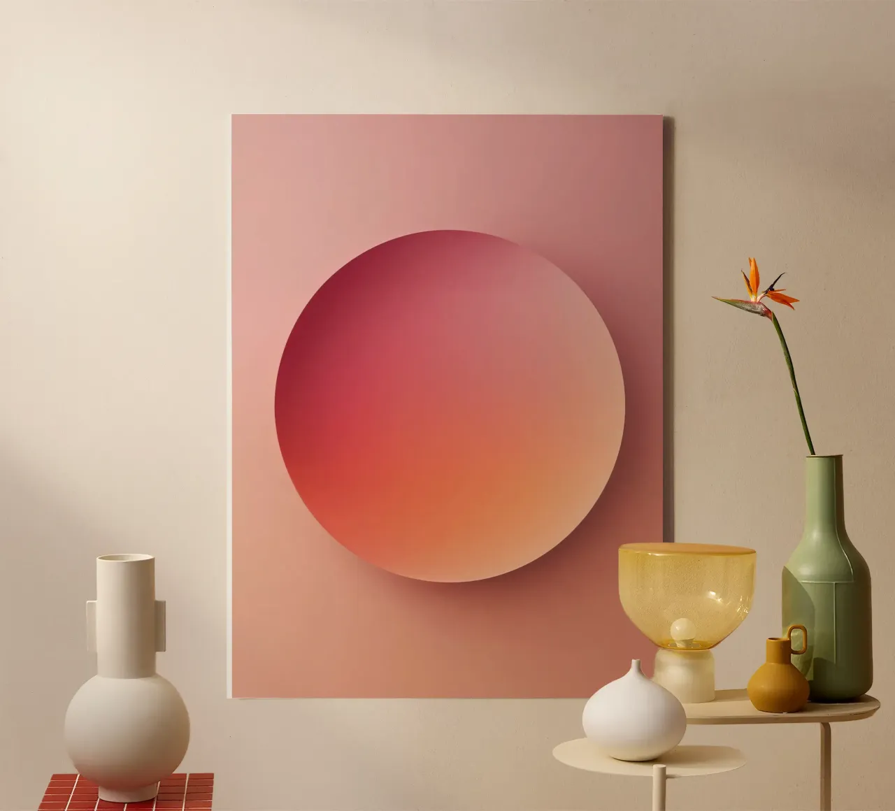 Esfera puesta de sol, foco, esfera abstracta 3D, naranja, rosa lienzo con Marco flotante de RB-Digital-Paintings