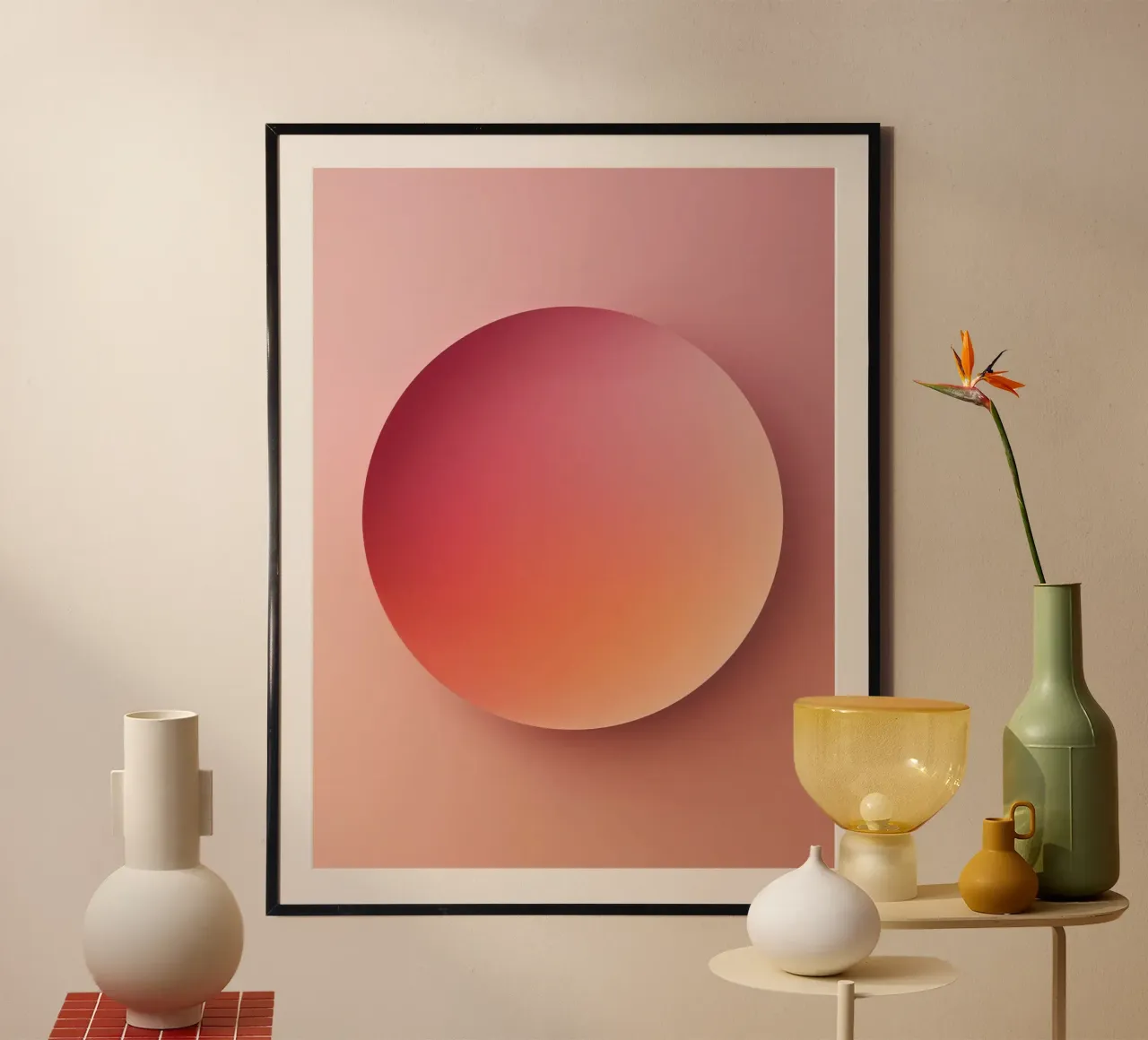 Sunset Sphere, Focus, Abstract 3D Sphere, Orange, Pink poster with wooden frame by RB-Digital-Paintings