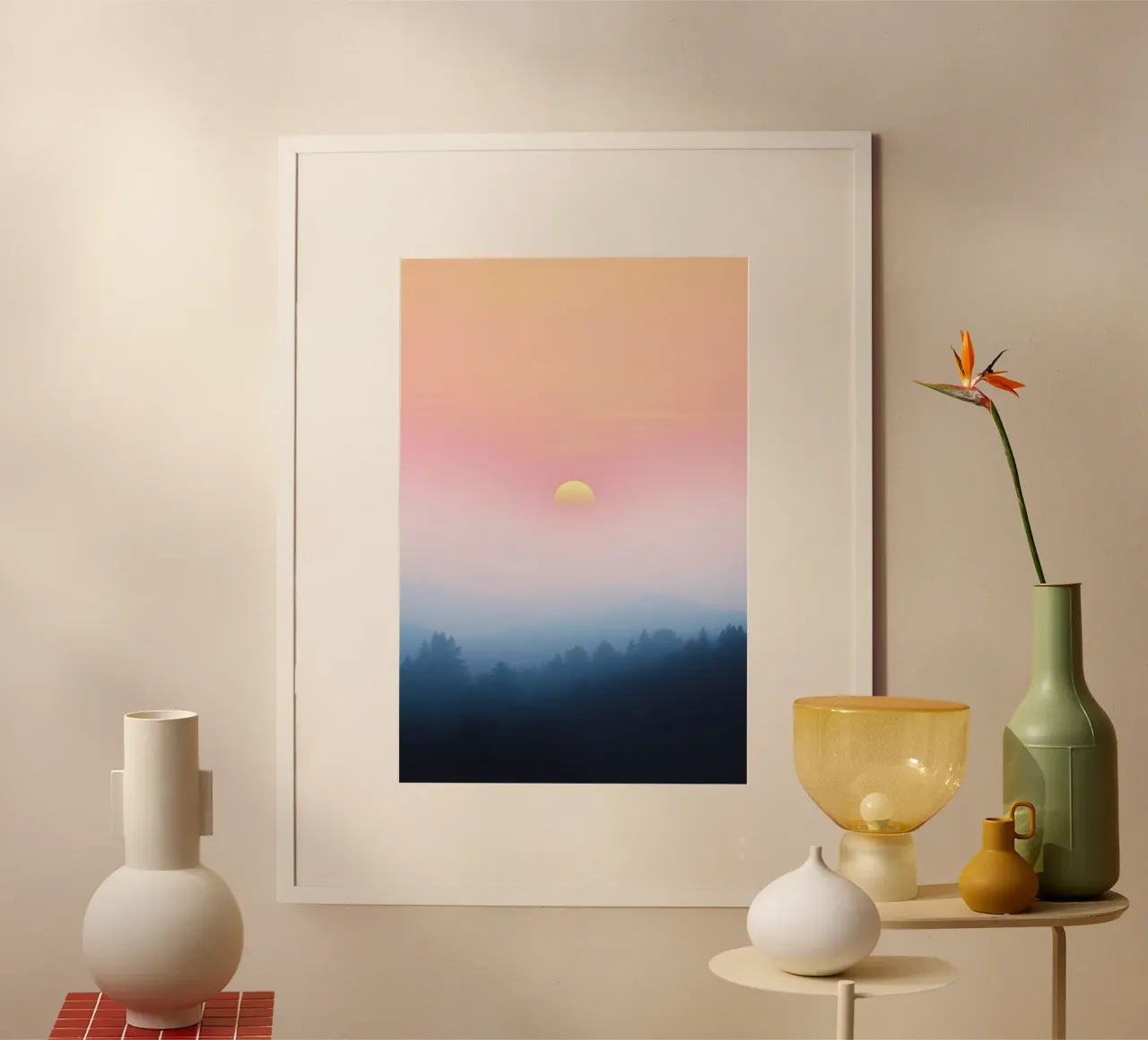 Mystical sunset over Herbwald - nature in pastel colours poster with wooden frame by RB-Digital-Paintings