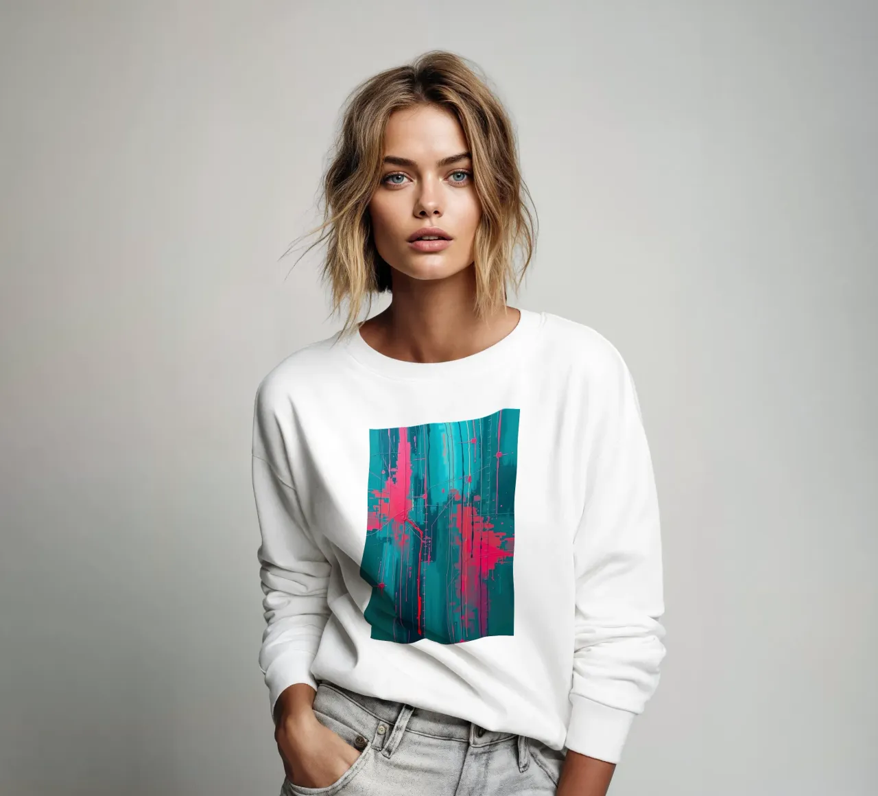Urban Pulse - Abstracte energie in roze & turquoise sweatshirt van RB-Digital-Paintings
