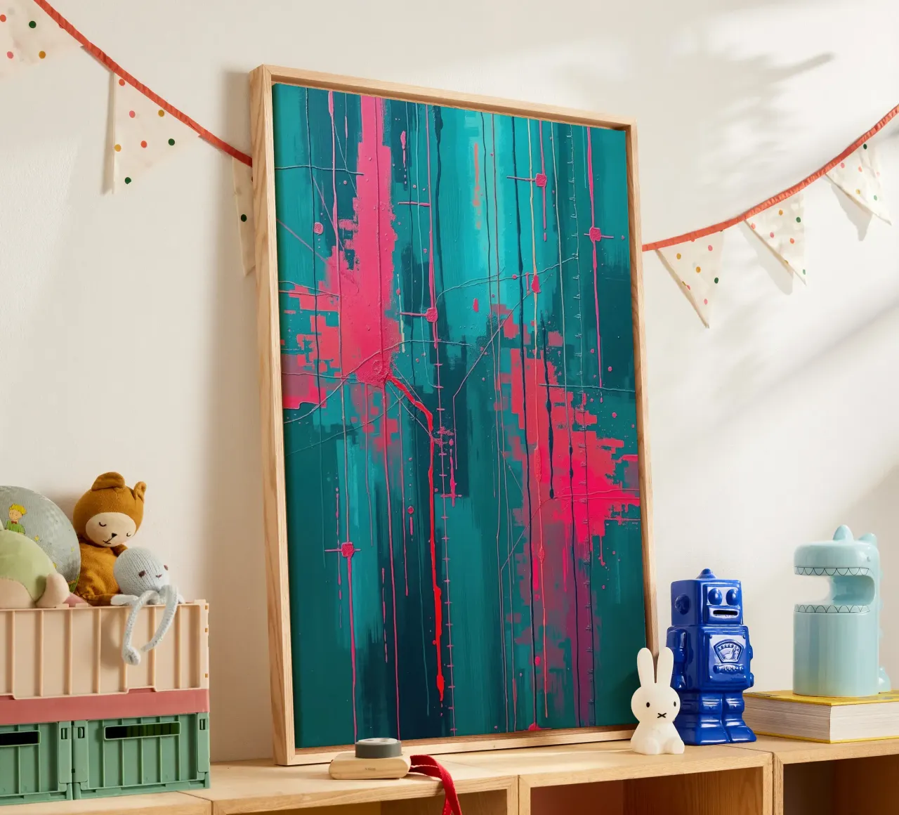 Urban Pulse - Abstracte energie in roze & turquoise canvas met Baklijst van RB-Digital-Paintings