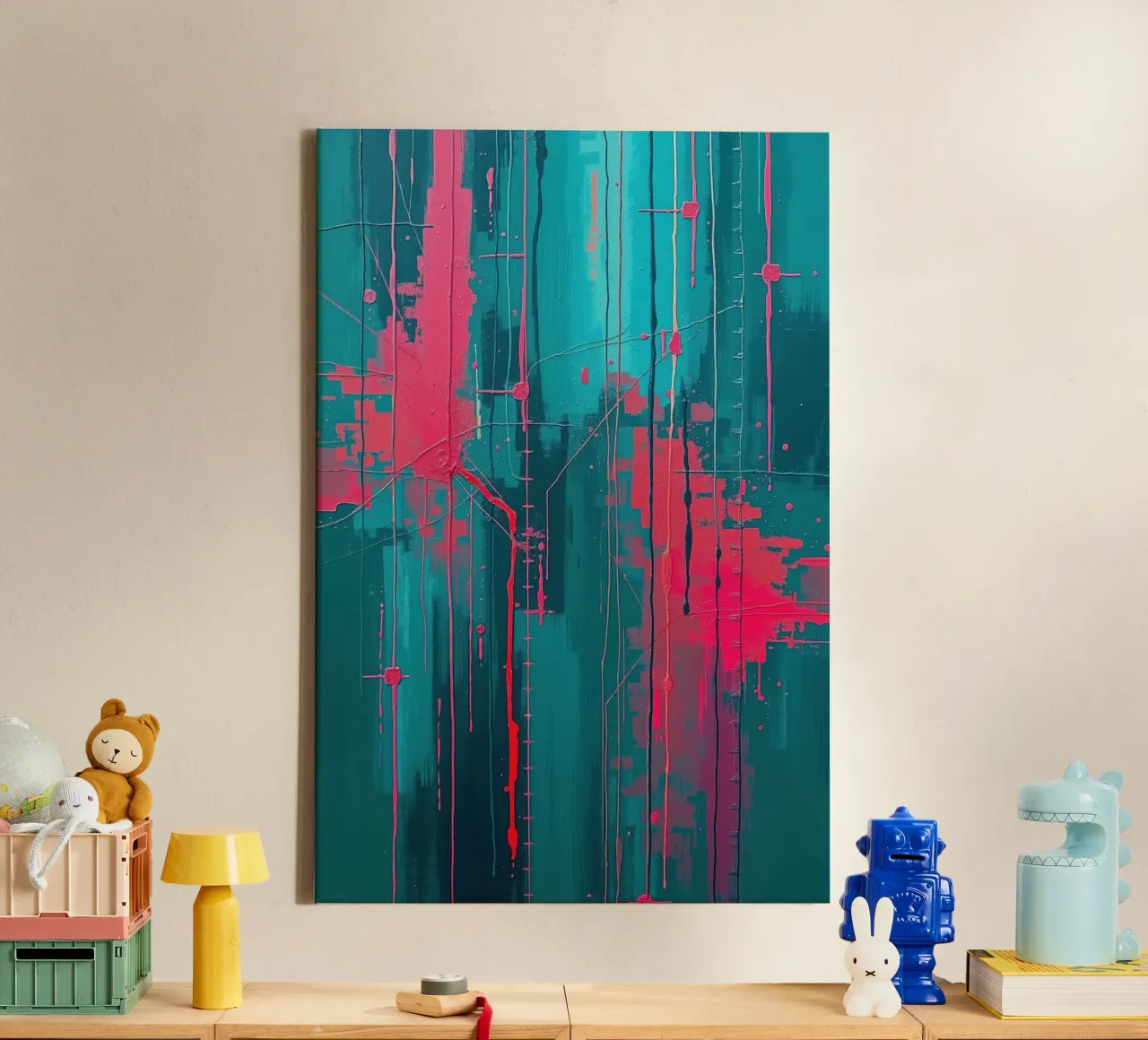 Urban Pulse - Abstracte energie in roze & turquoise canvas met Baklijst van RB-Digital-Paintings