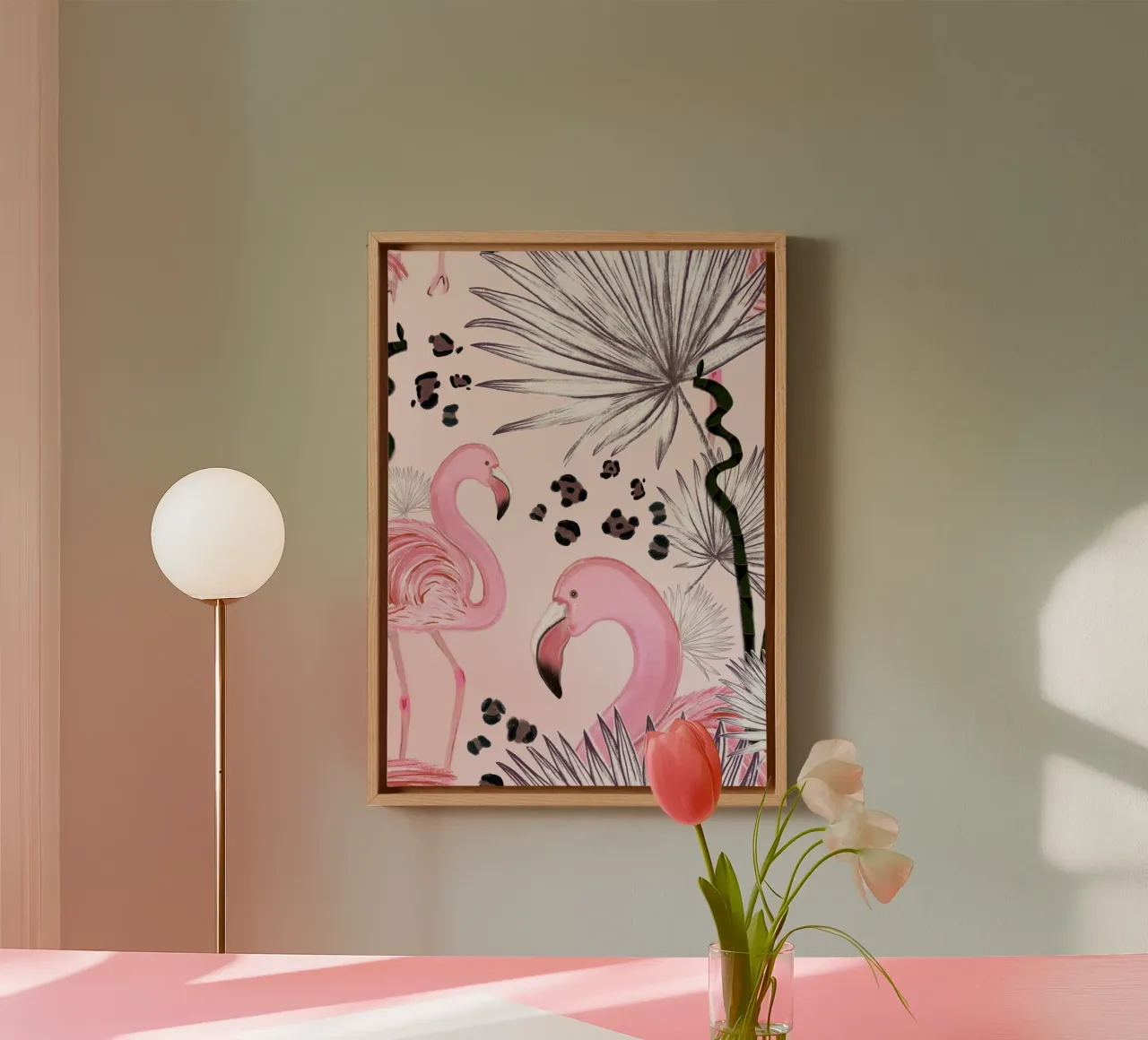 Flamingos with leopard prints canvas by gulsengunel
