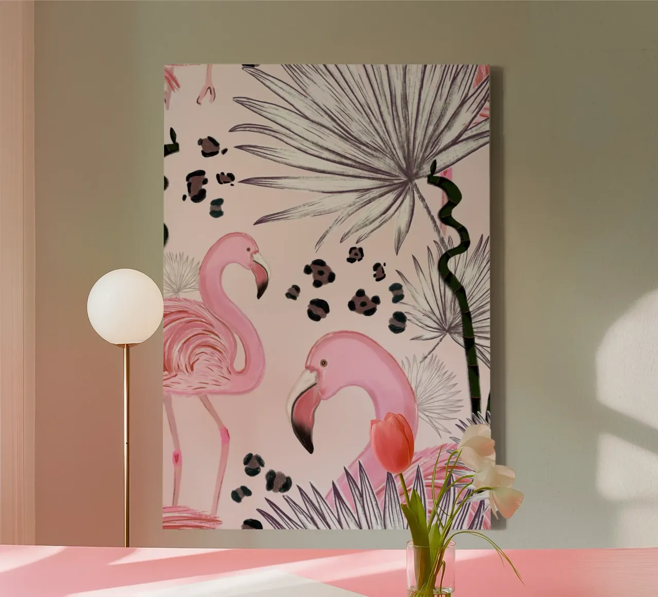Flamingos with leopard prints canvas by gulsengunel