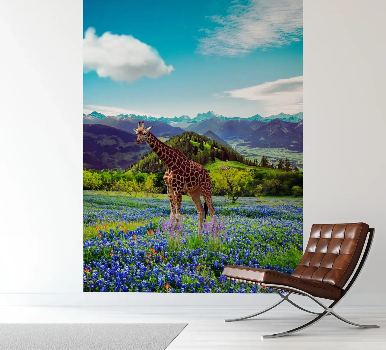 Giraffe in a field of flowers photo wallpaper by Berwies Artwork