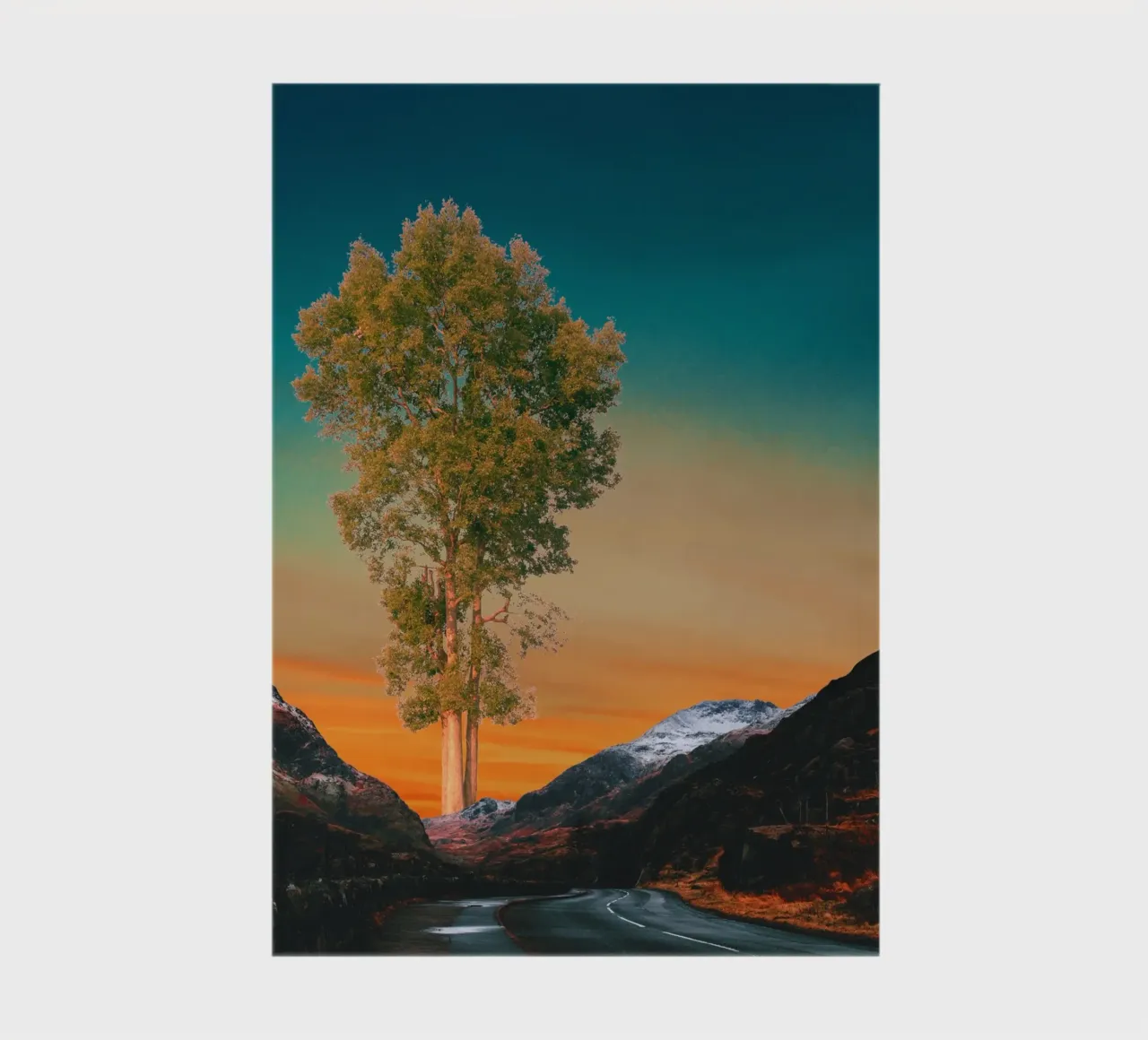 Road through mountains with a tree notebook by Berwies Artwork