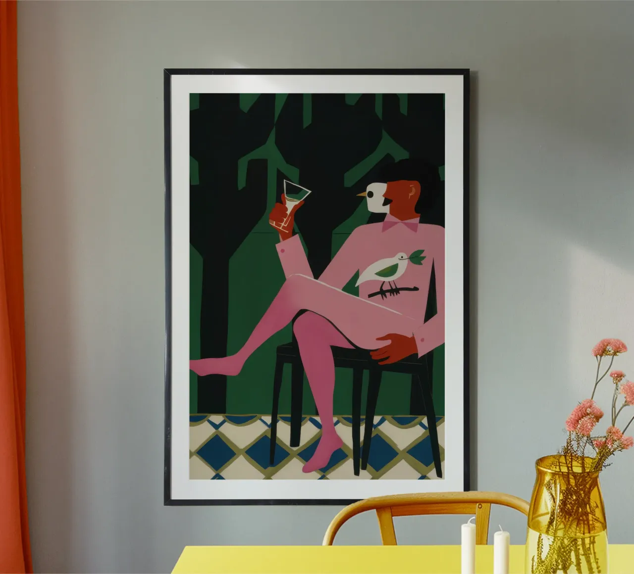 Uomo con vino rosa poster con telaio in plastica da Flock Reverie