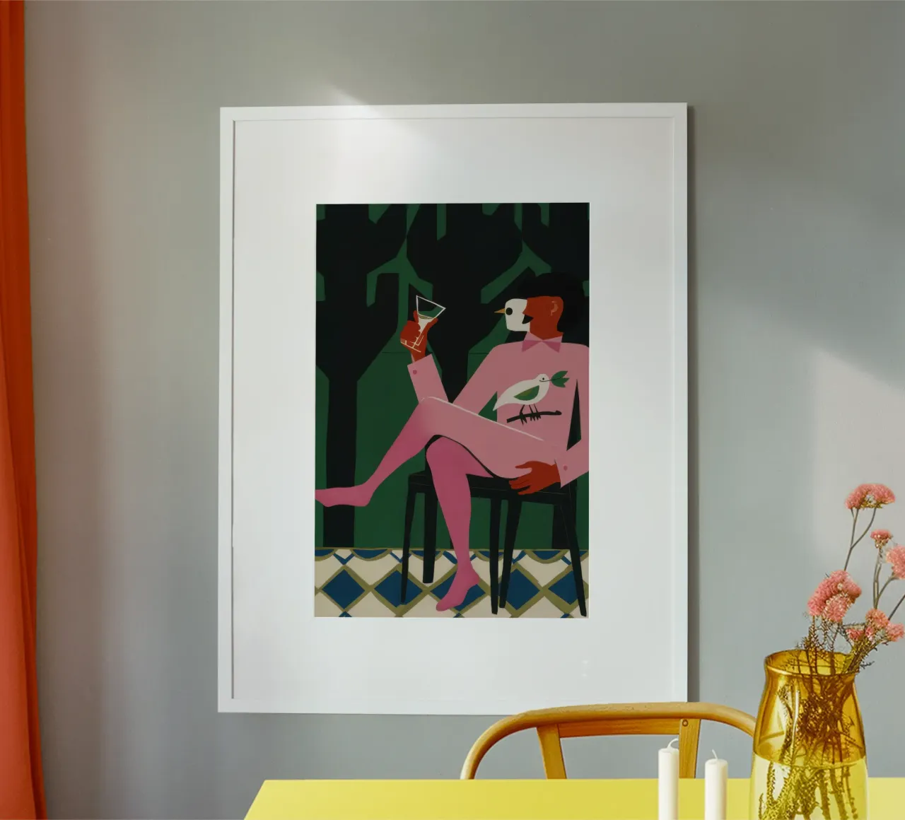 Uomo con vino rosa poster con telaio in plastica da Flock Reverie