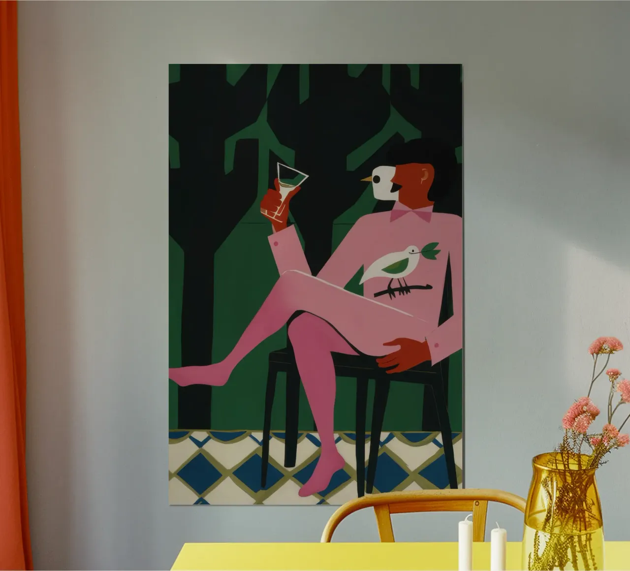 Uomo con vino rosa poster con telaio in plastica da Flock Reverie