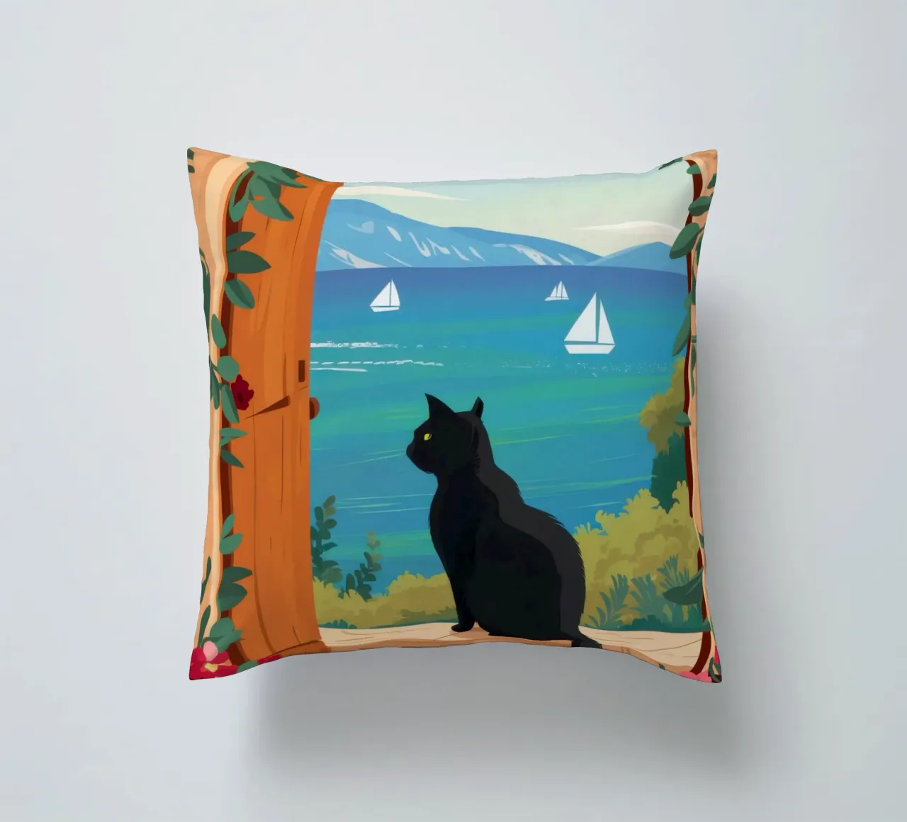 The Cat at the Archway decorative cushion by Ink Pulse