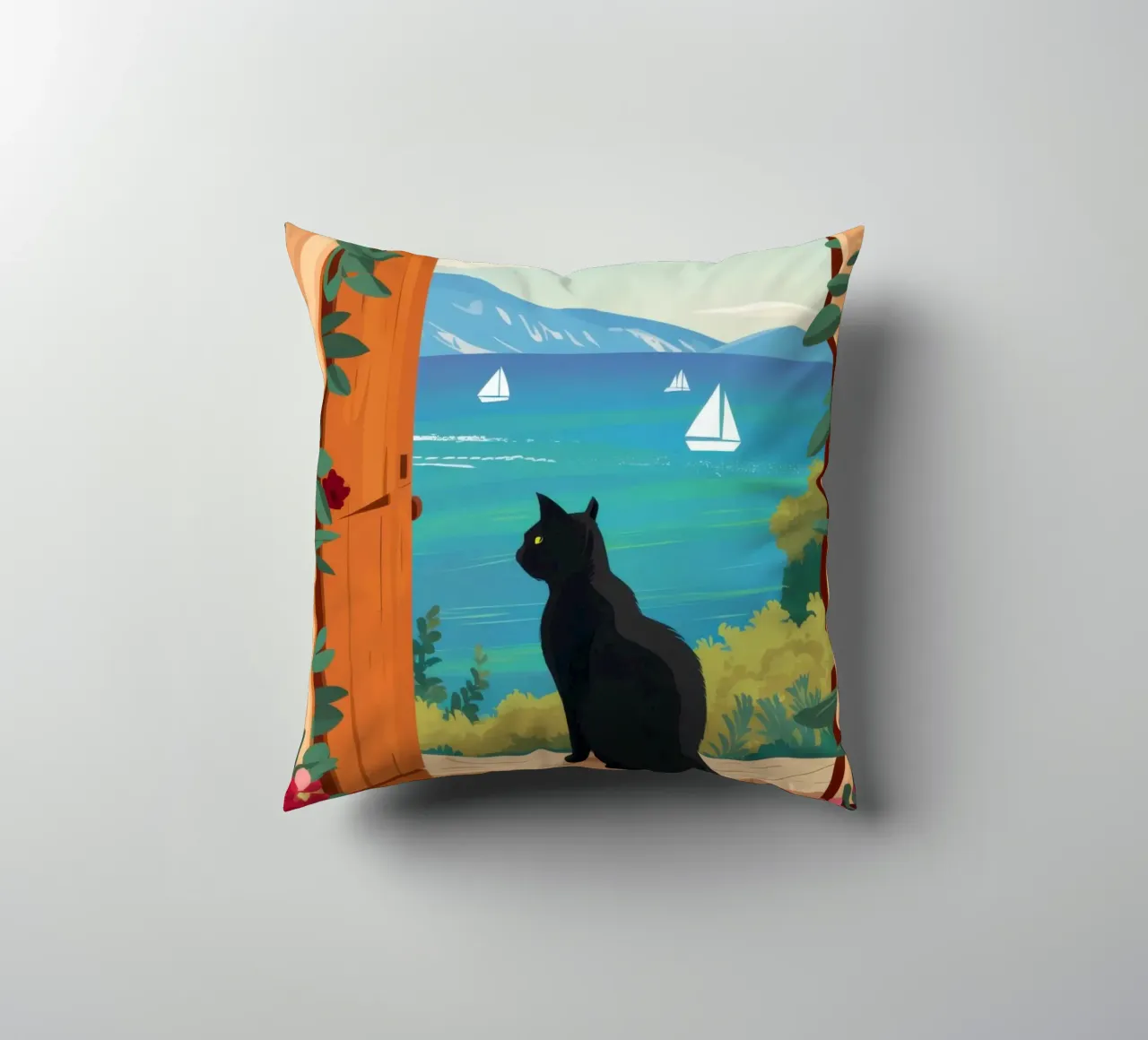 The Cat at the Archway decorative cushion by Ink Pulse