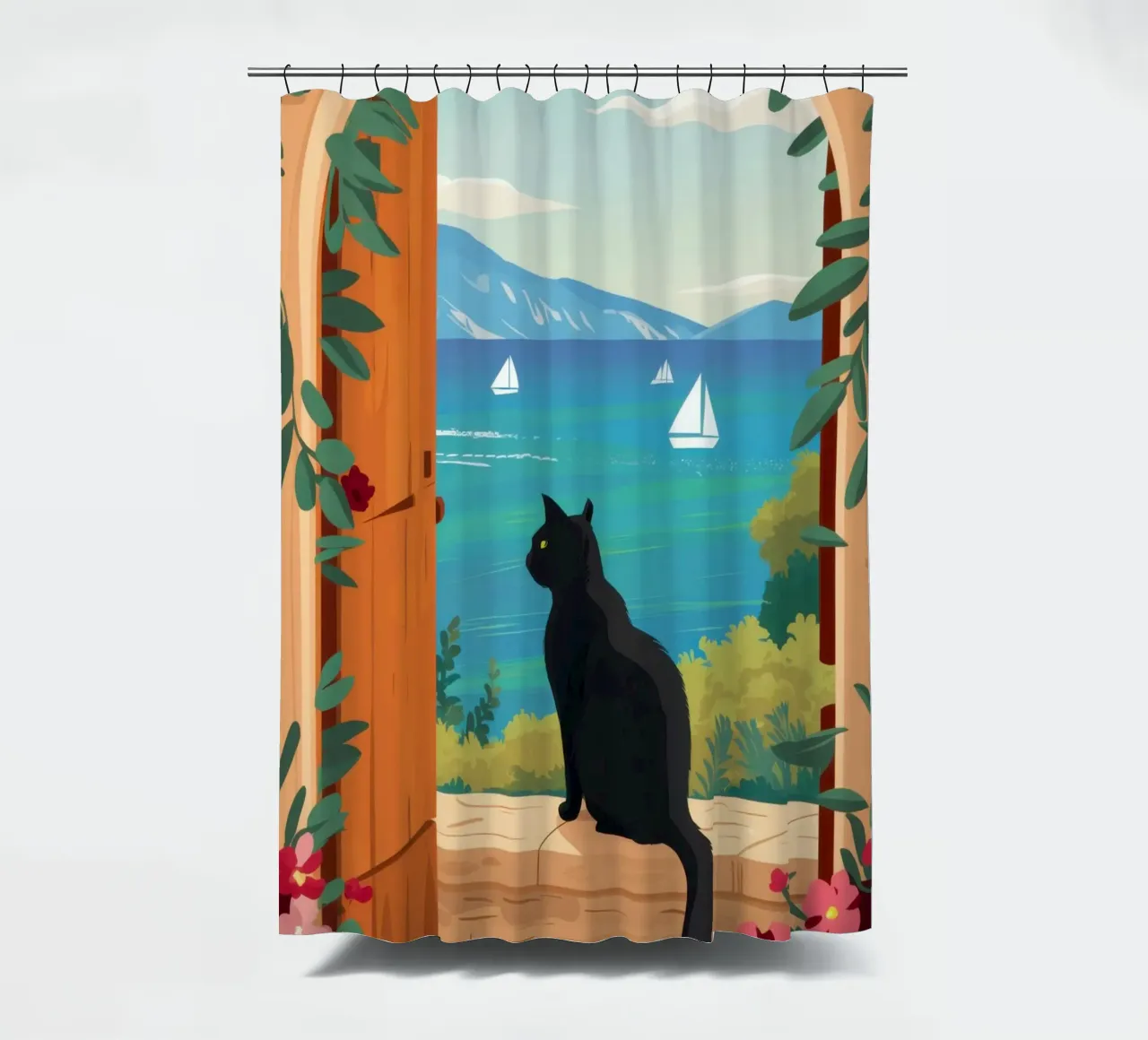 The Cat at the Archway shower curtain by Ink Pulse