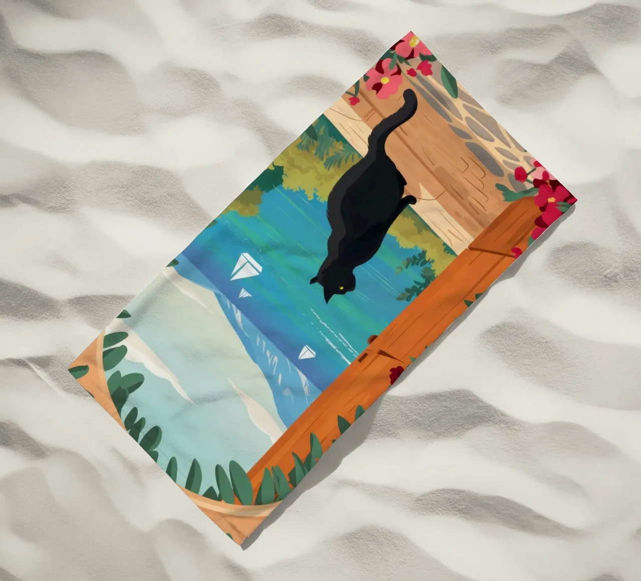 The Cat at the Archway beach towel by Ink Pulse