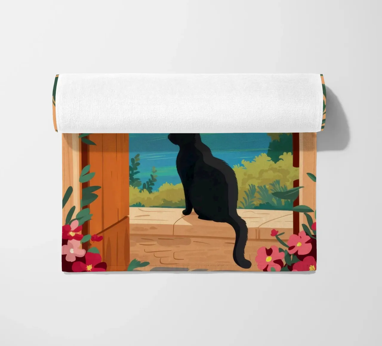 The Cat at the Archway beach towel by Ink Pulse