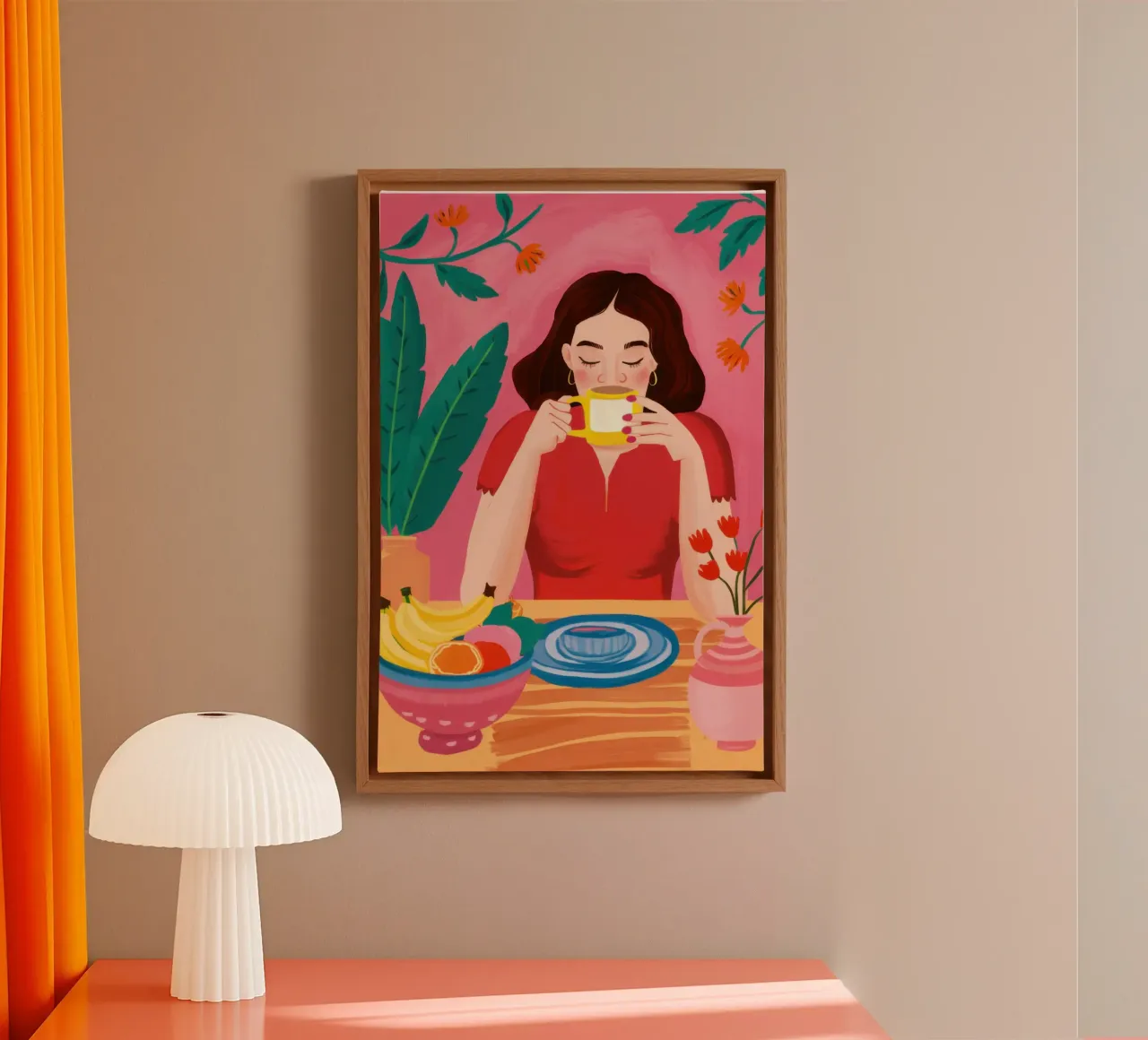 Enjoying a Hot Drink canvas by Flock Reverie