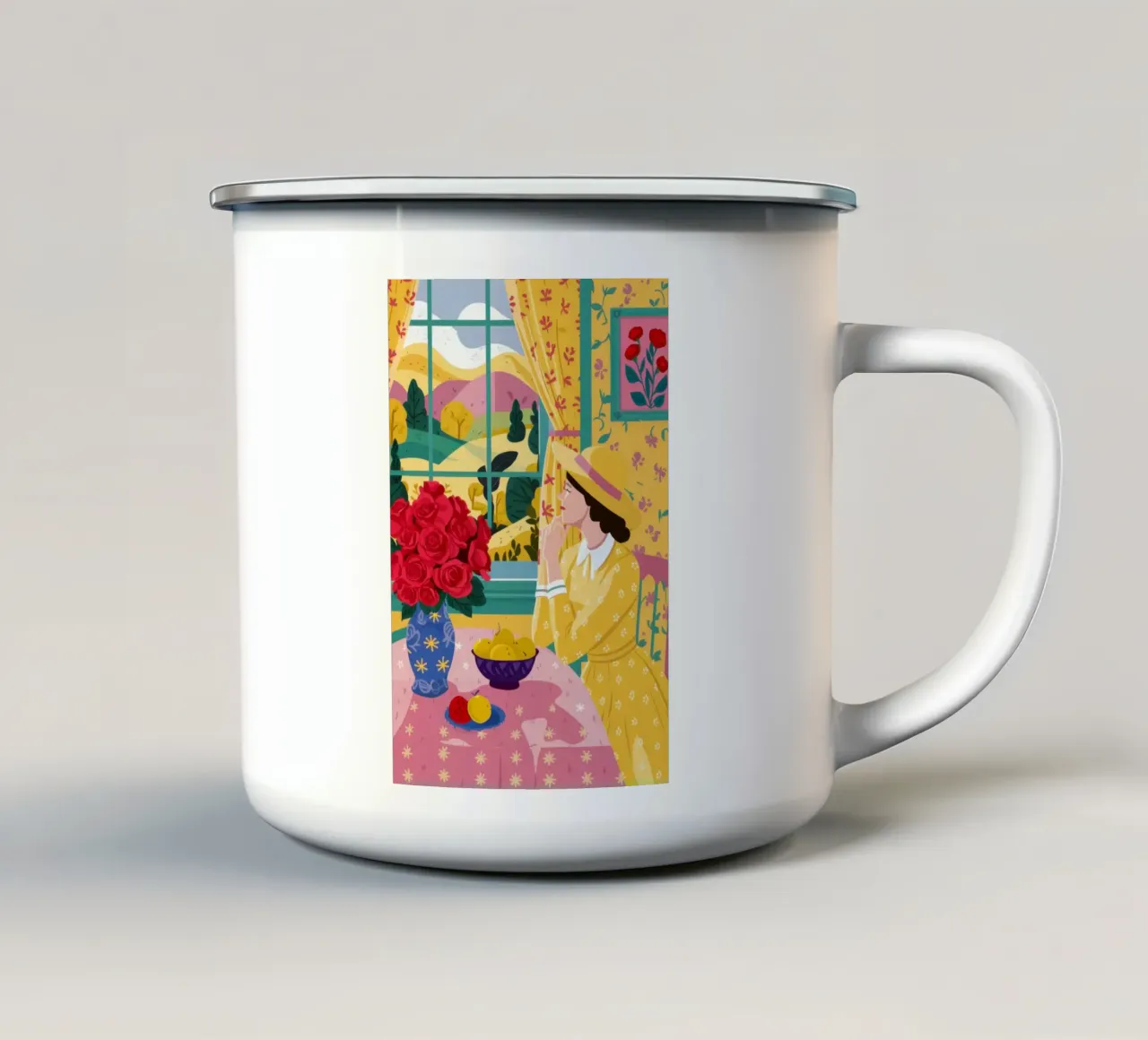Rose su tavolo giallo tazza in smalto da Ink Pulse